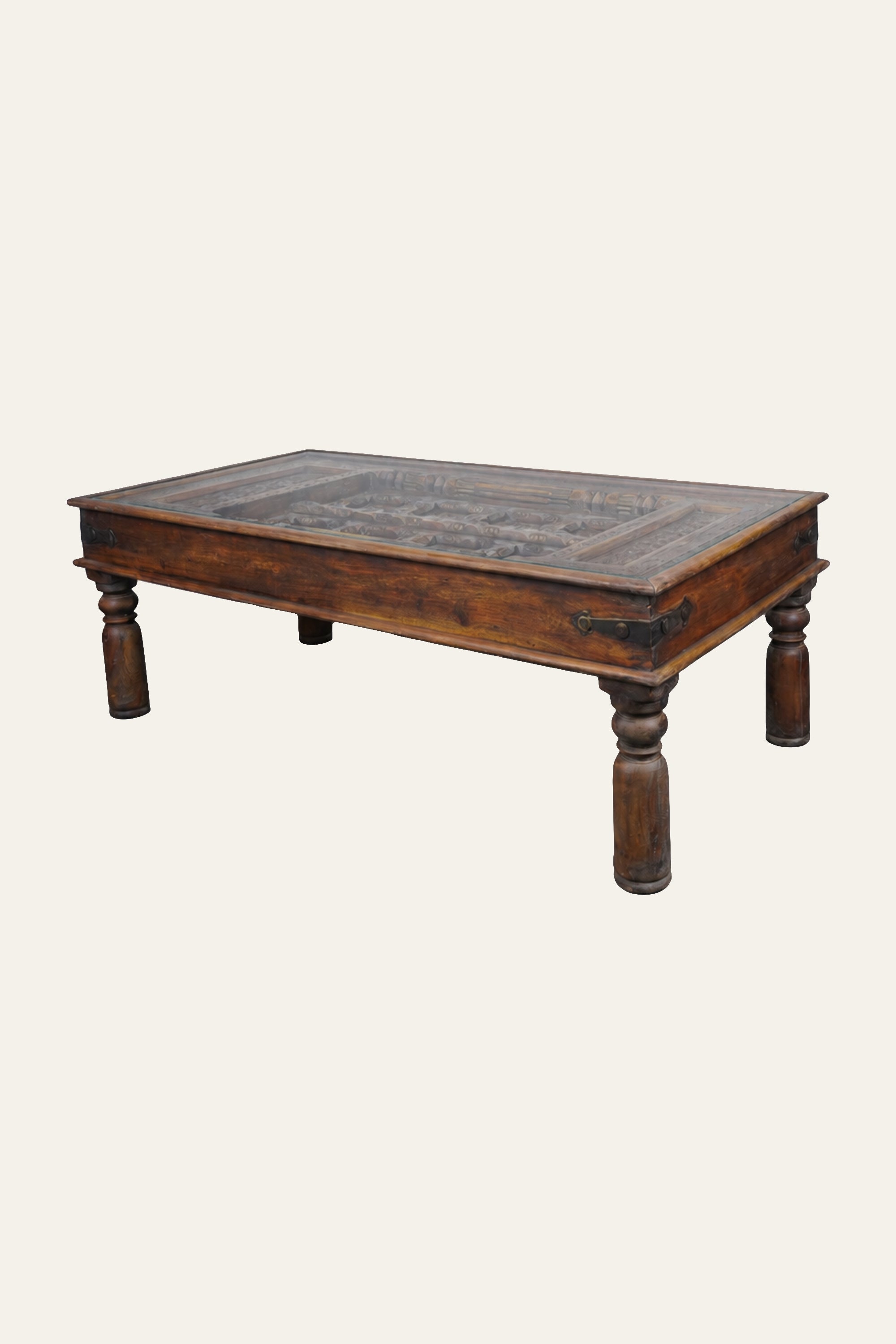 Recessed Carved Wooden Grid Panel Coffee Table