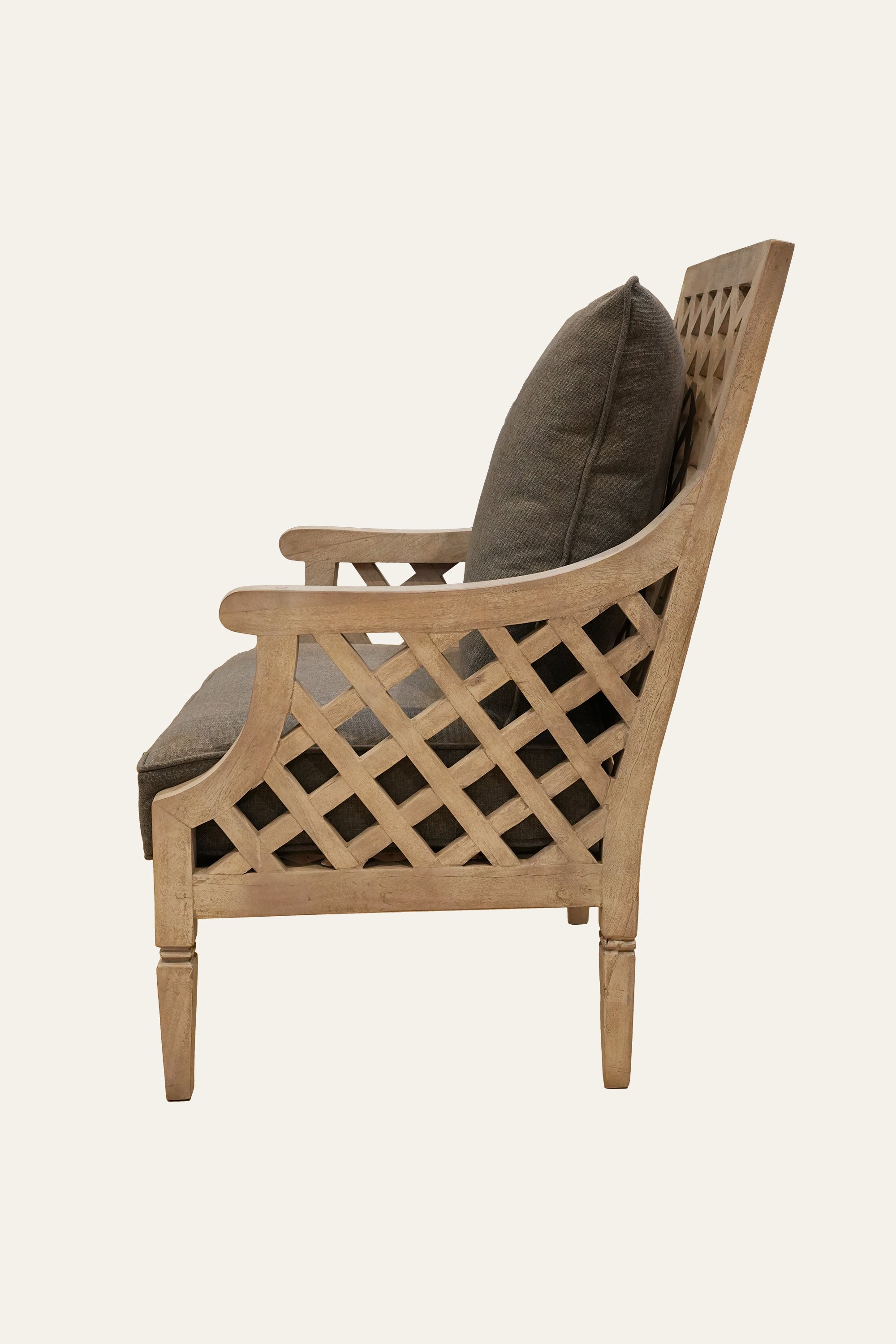 Light Brown Lattice Armchair with Grey Upholstery