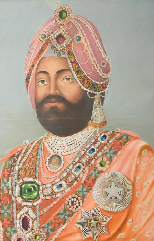 Rajput Maharaja in Jeweled Pink Turban Portrait