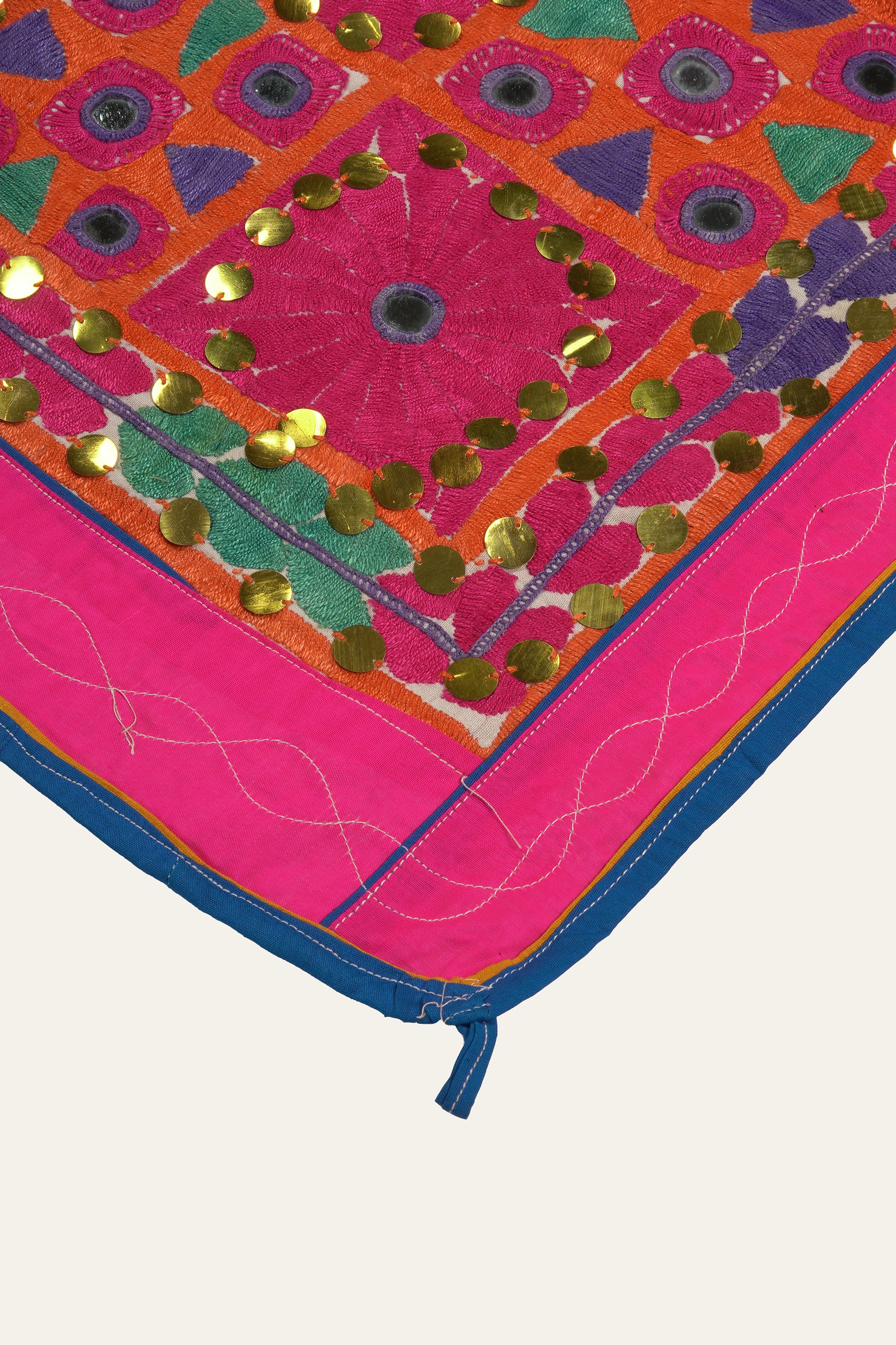 Magenta Mirror Work Gujarati Textile Wall Tapestry