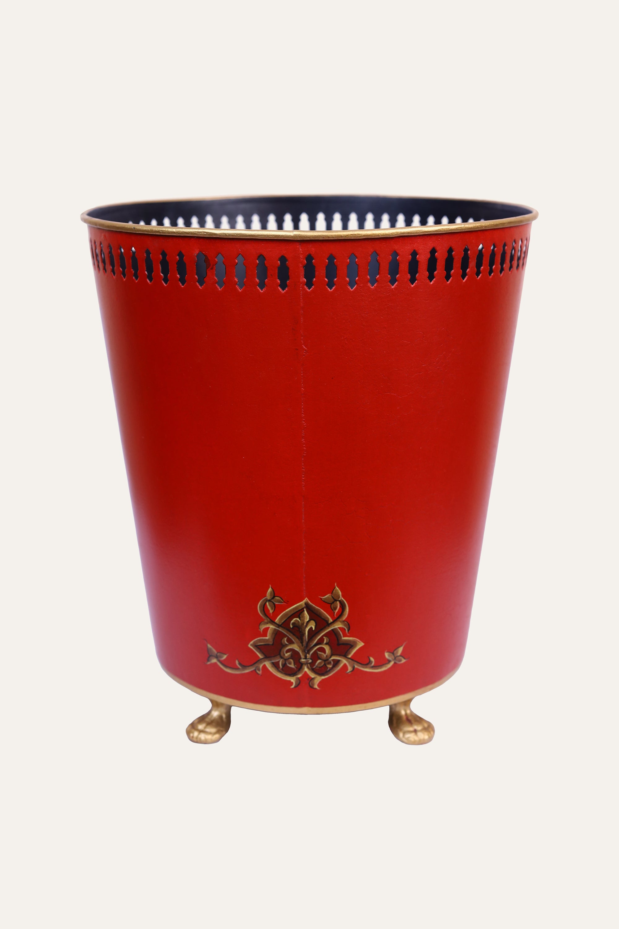 Hand-Painted Red Metal Waste Bin with Chinoiserie Figurative Art
