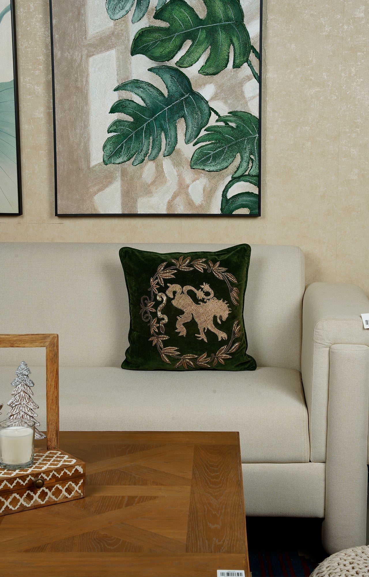 Embroidered Velvet Cushion with Mythical Motif