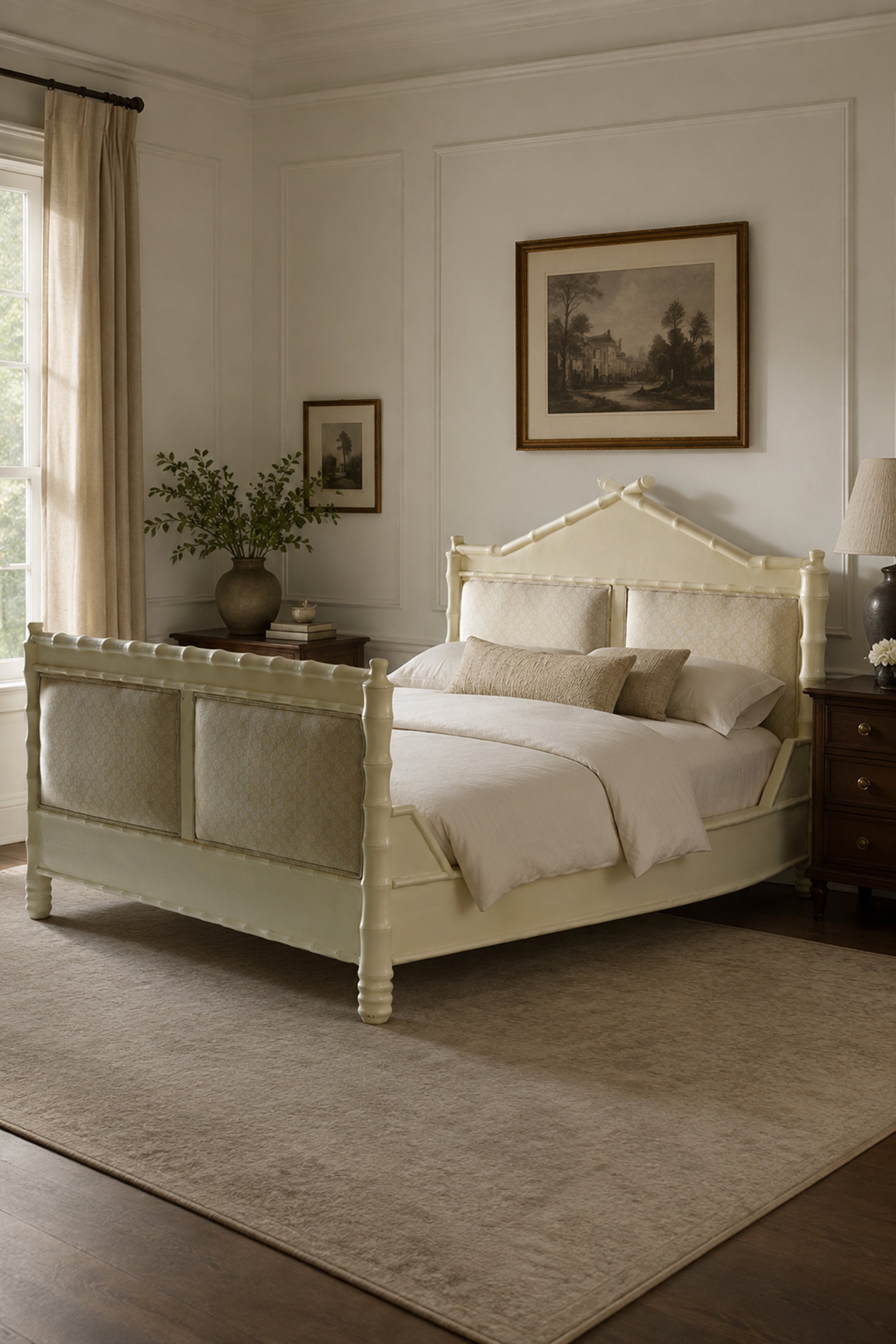 19th-Century Style Bamboo Upholstered Bed