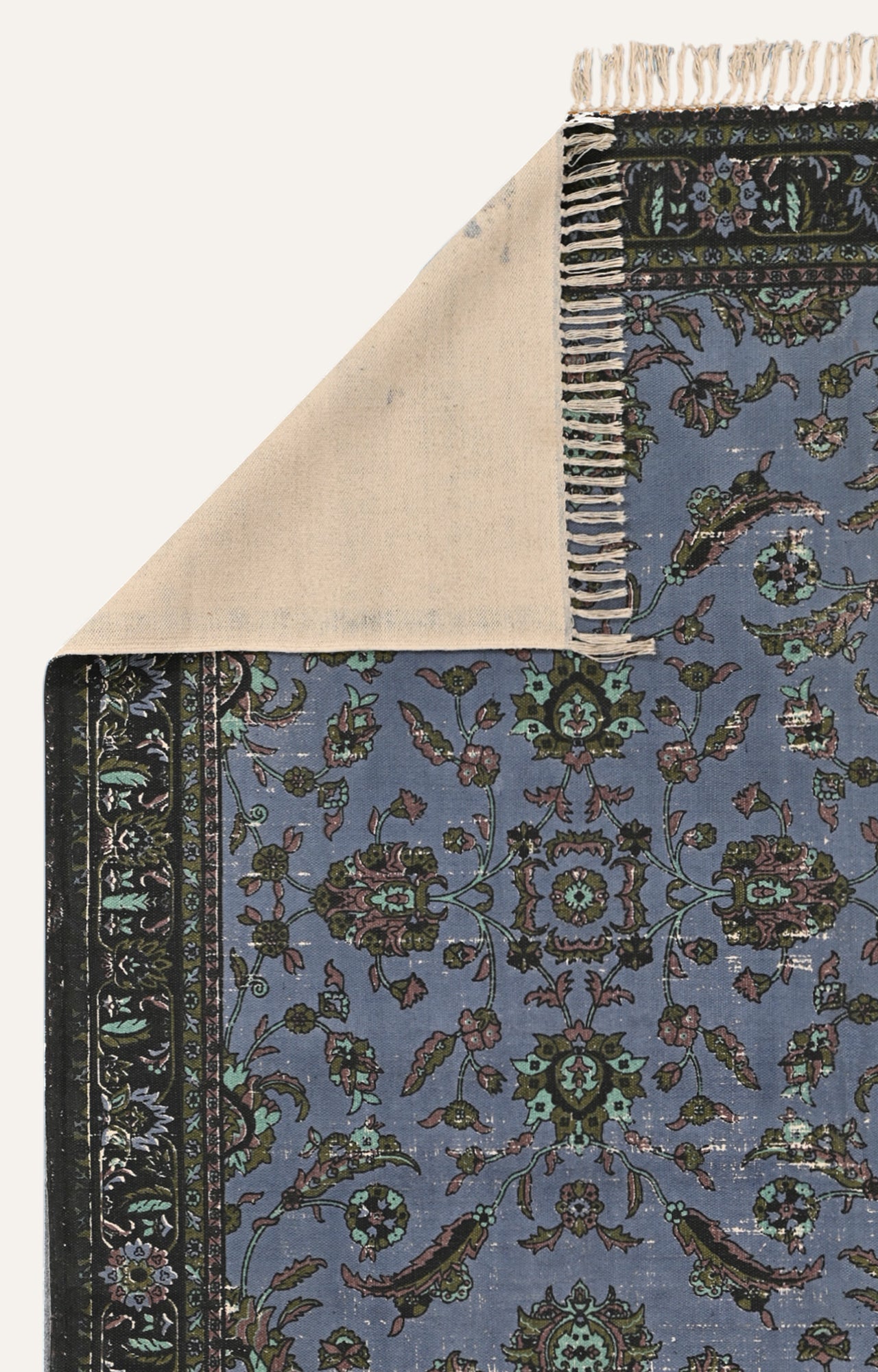 Blue Persian-Inspired Floral Cotton Rug