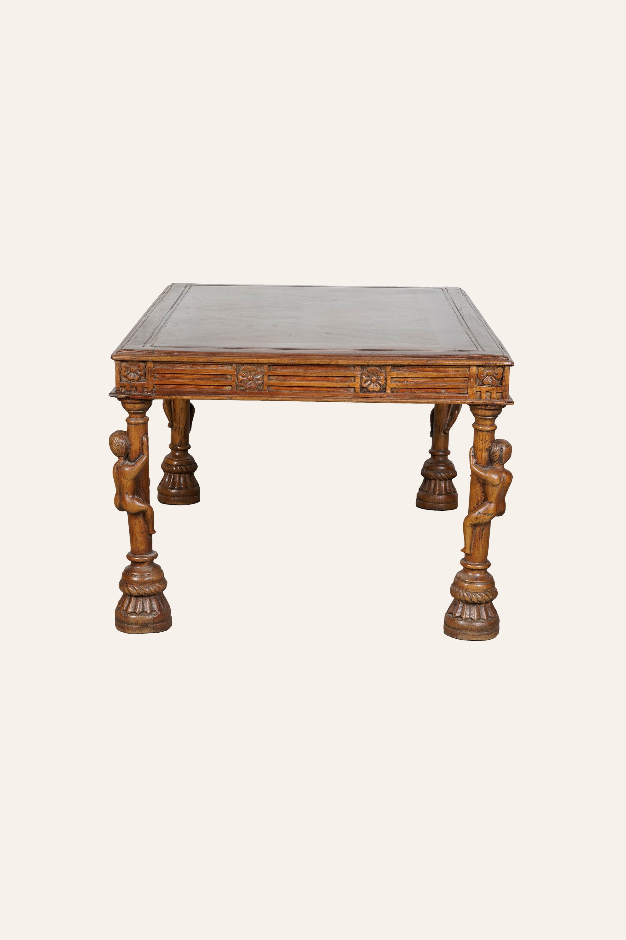 Indian Heritage Style Figural Leg Carved Coffee Table
