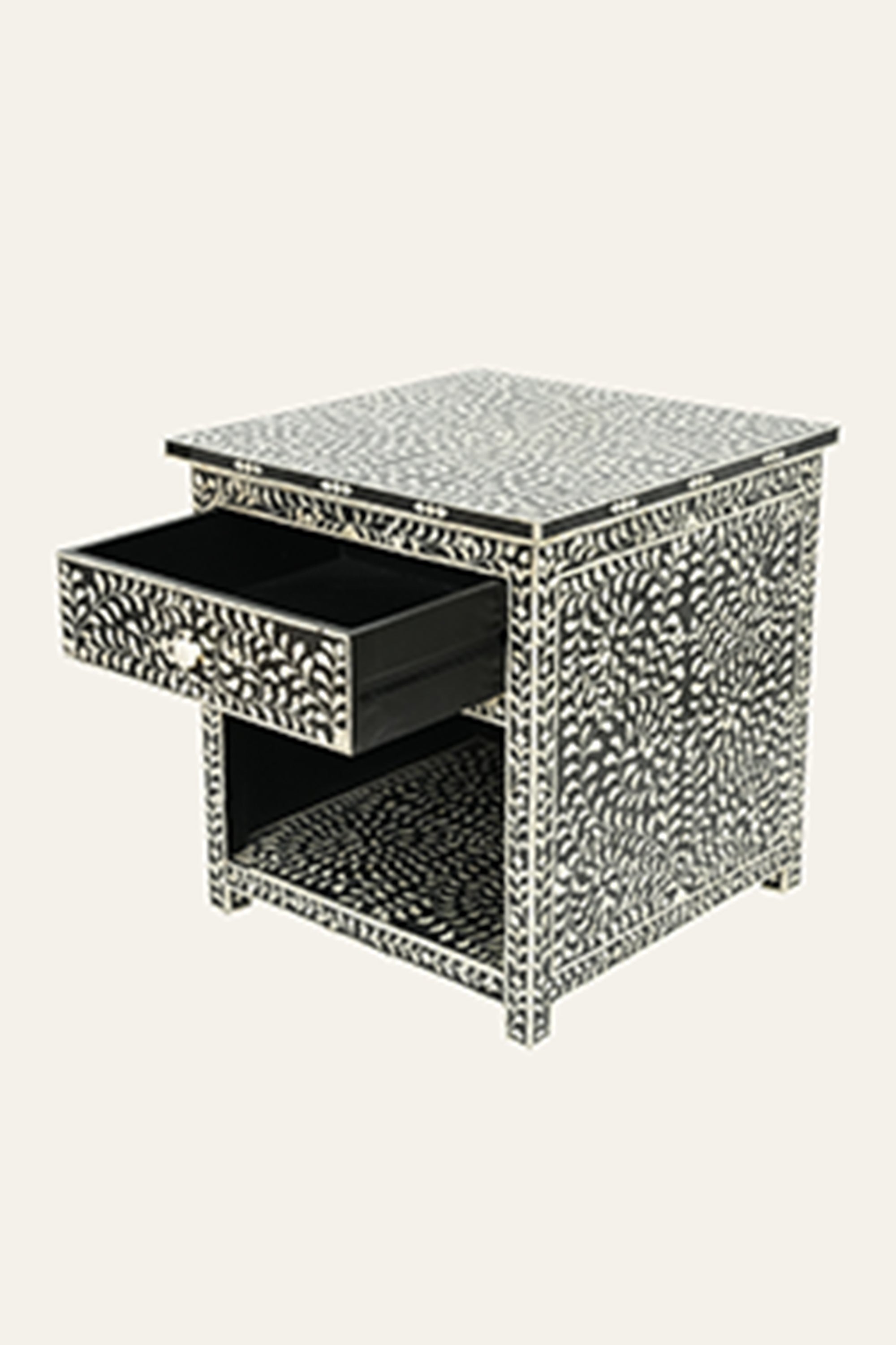 Black Bone Inlay Floral Bedside Table with Open Shelf