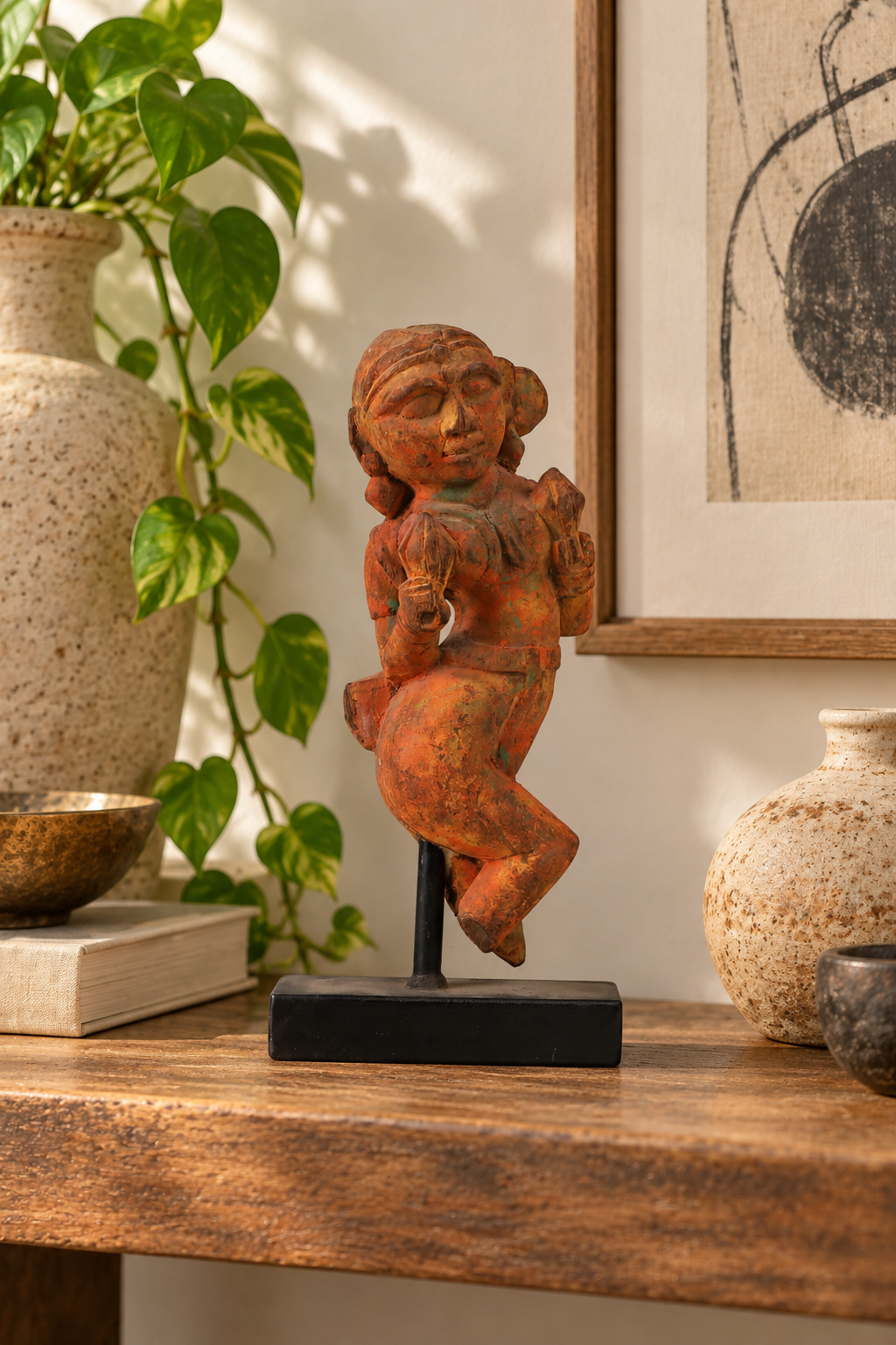 Mounted Teakwood Celestial Dancer Statue
