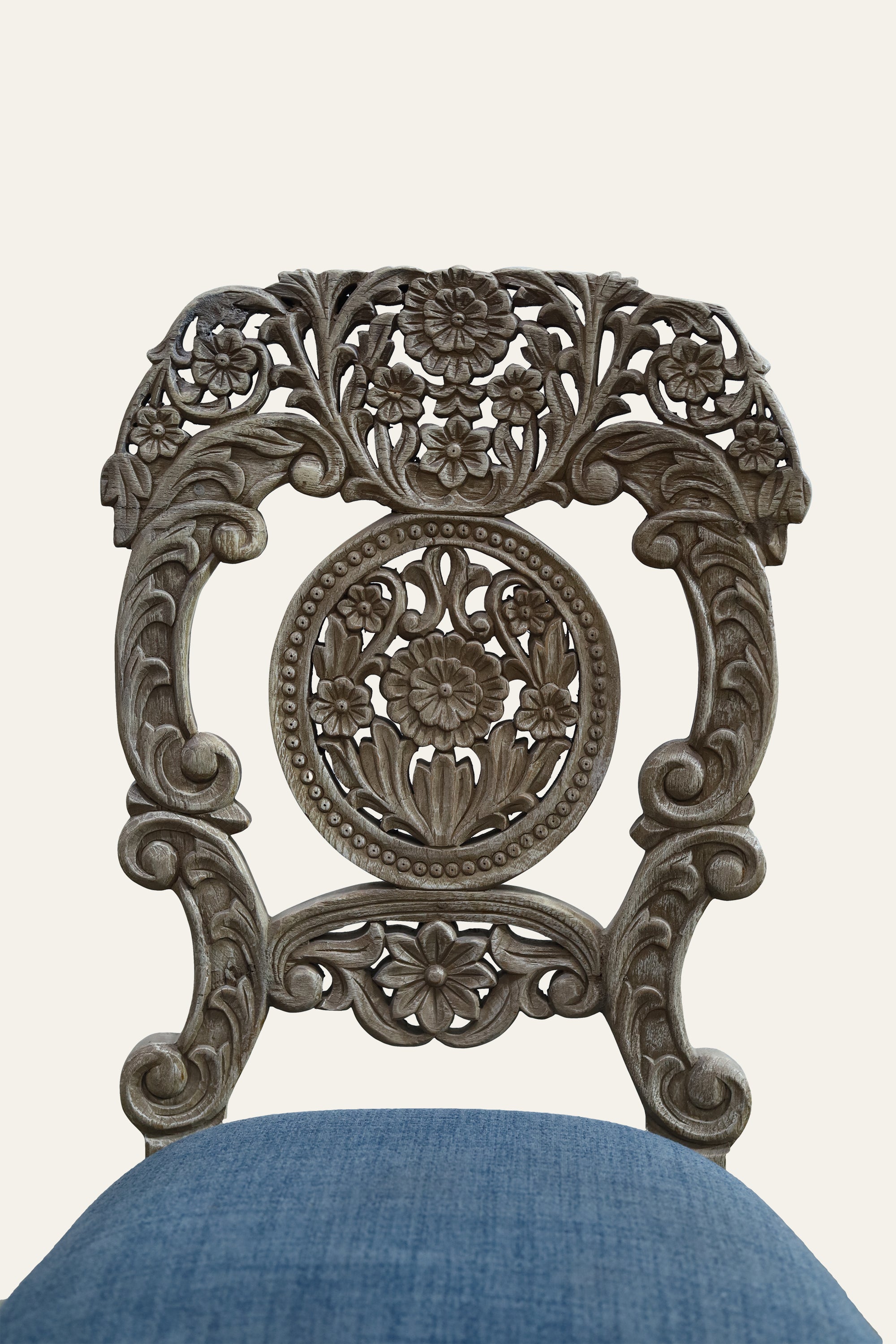 Carved Floral Dining Chair with Blue Upholstery