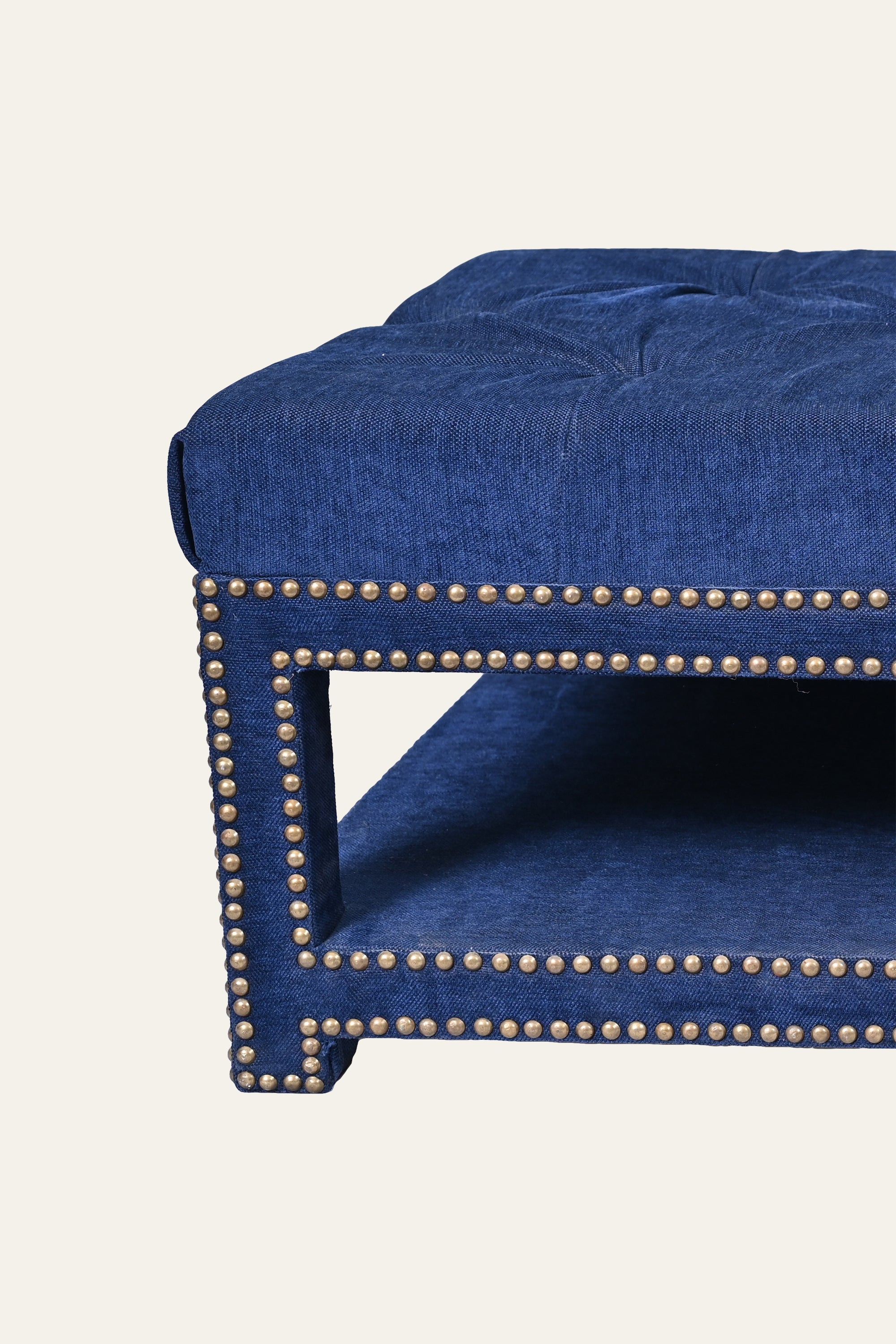 Navy Blue Tufted Coffee Table with Brass Nailhead Trim