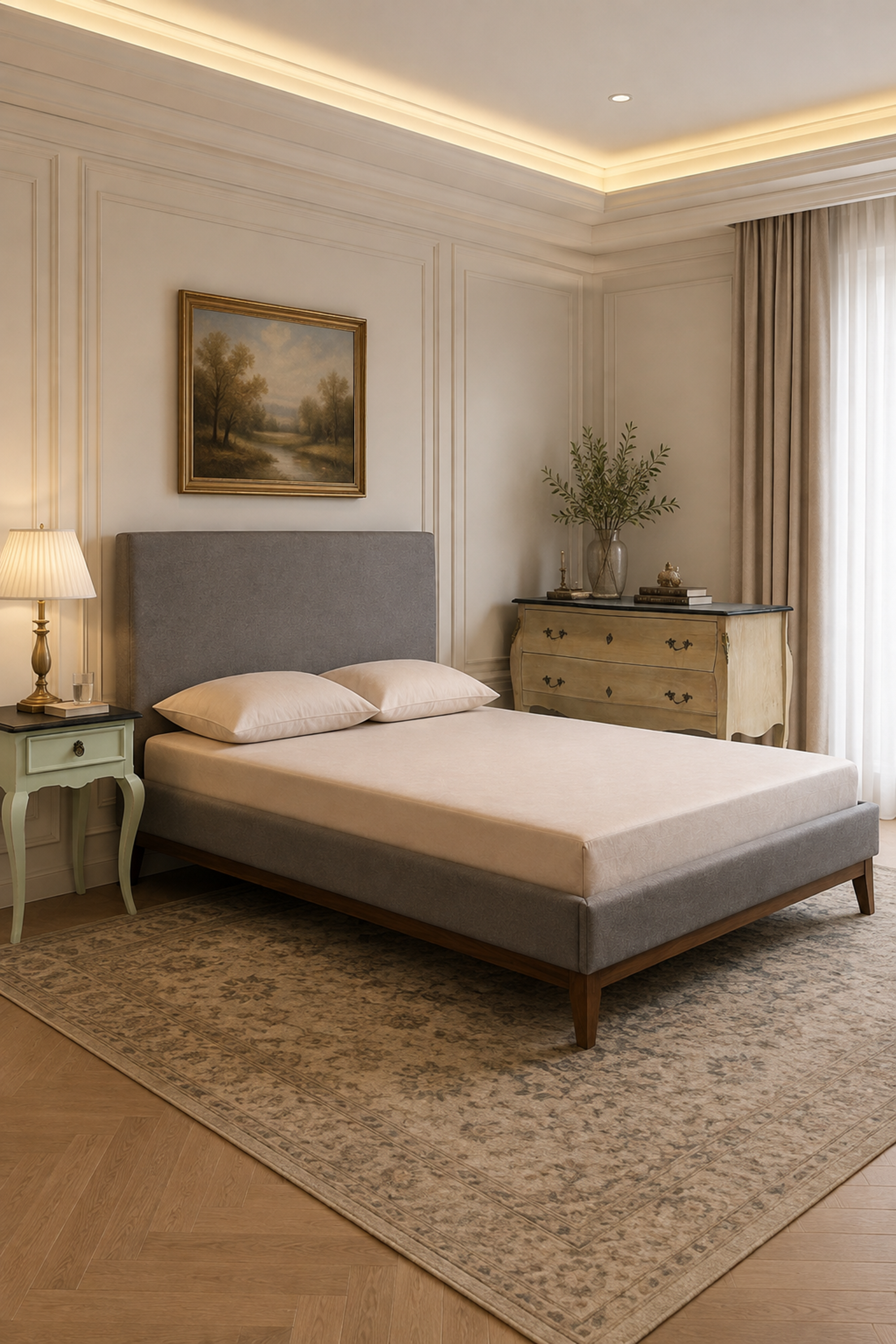 Grey Upholstered Platform Bed with Wood Frame