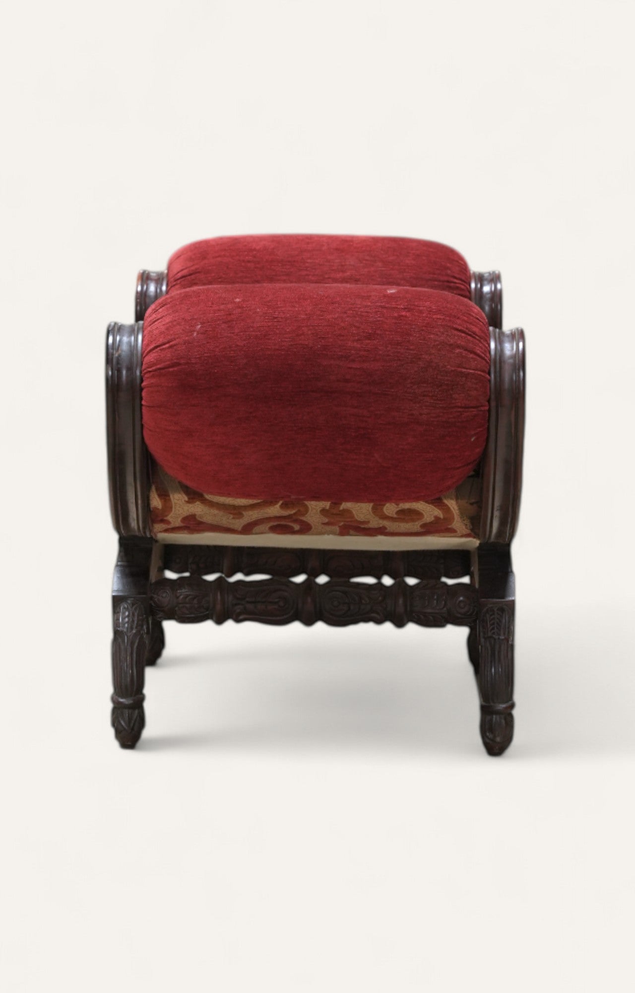 Carved Teak & Velvet Uphostred Dressing Stool