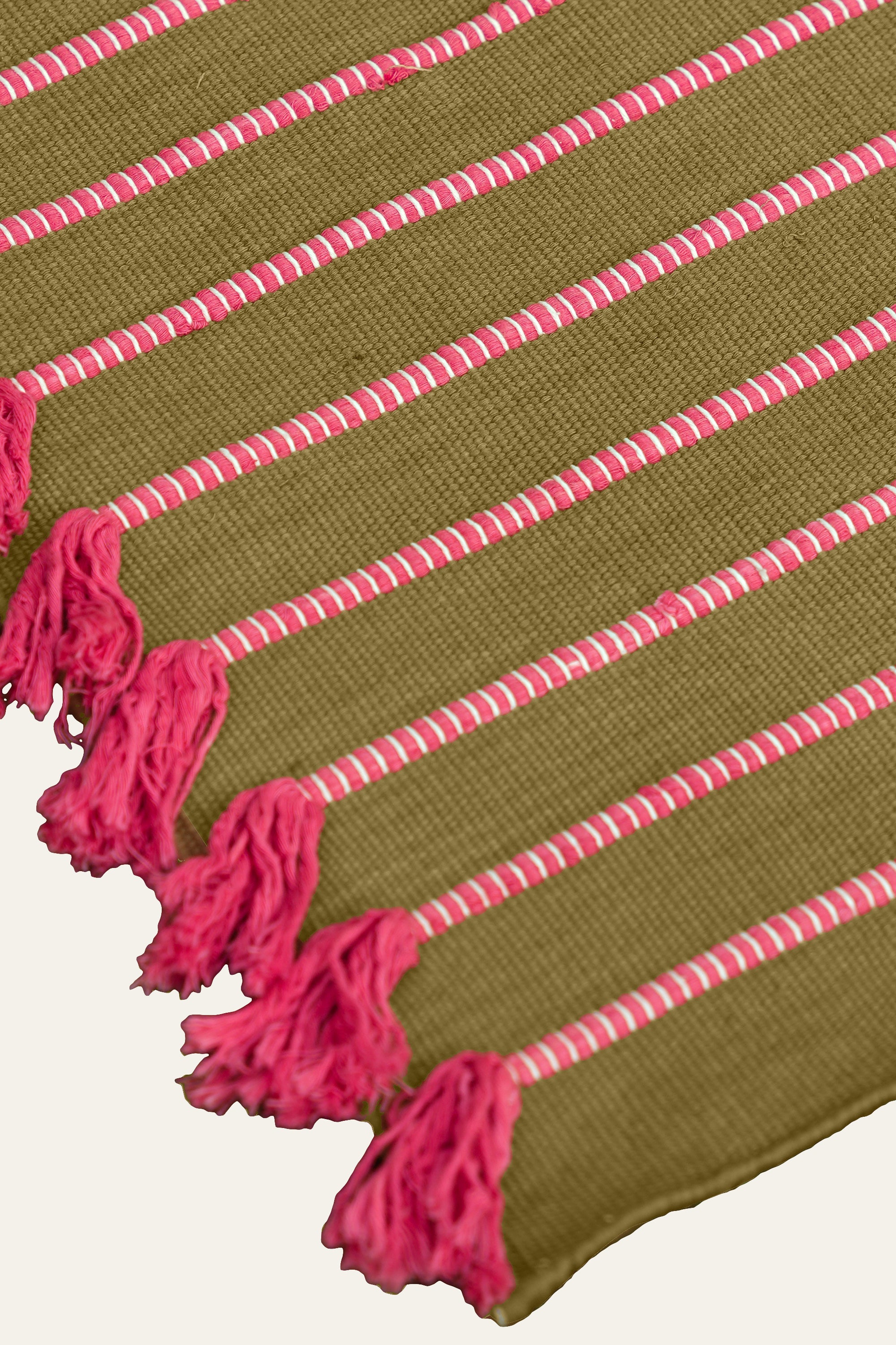 Olive Green Cotton Yoga Mat with Pink Fringe