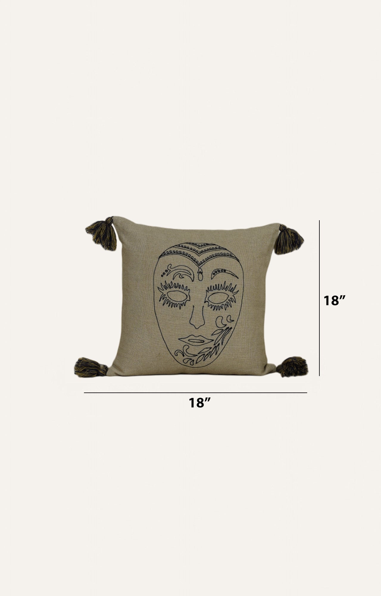 Embroidered Mask Motif Cushion with Tassels