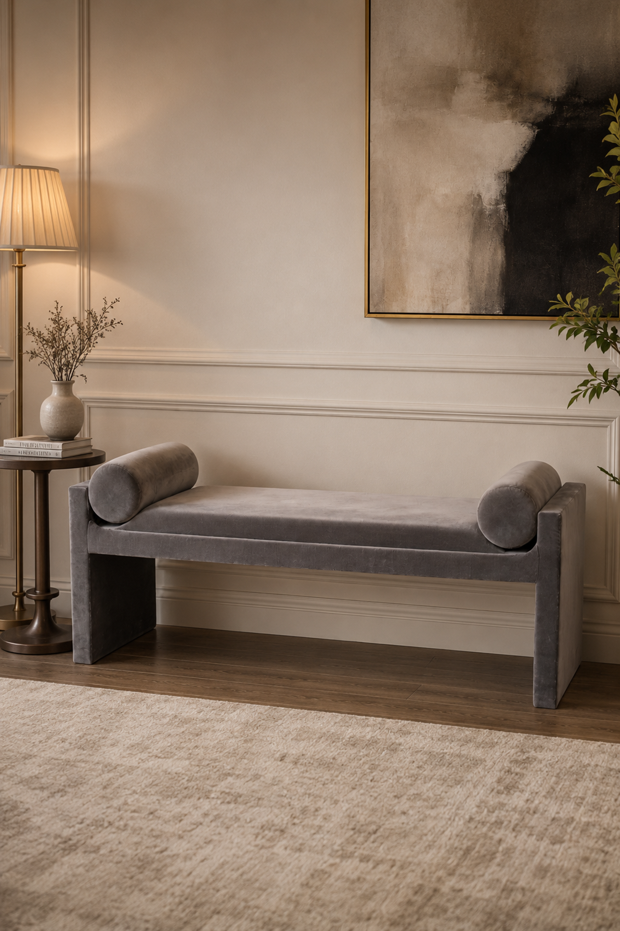 Modern Black Solid Wood Bench with Bolster Cushions