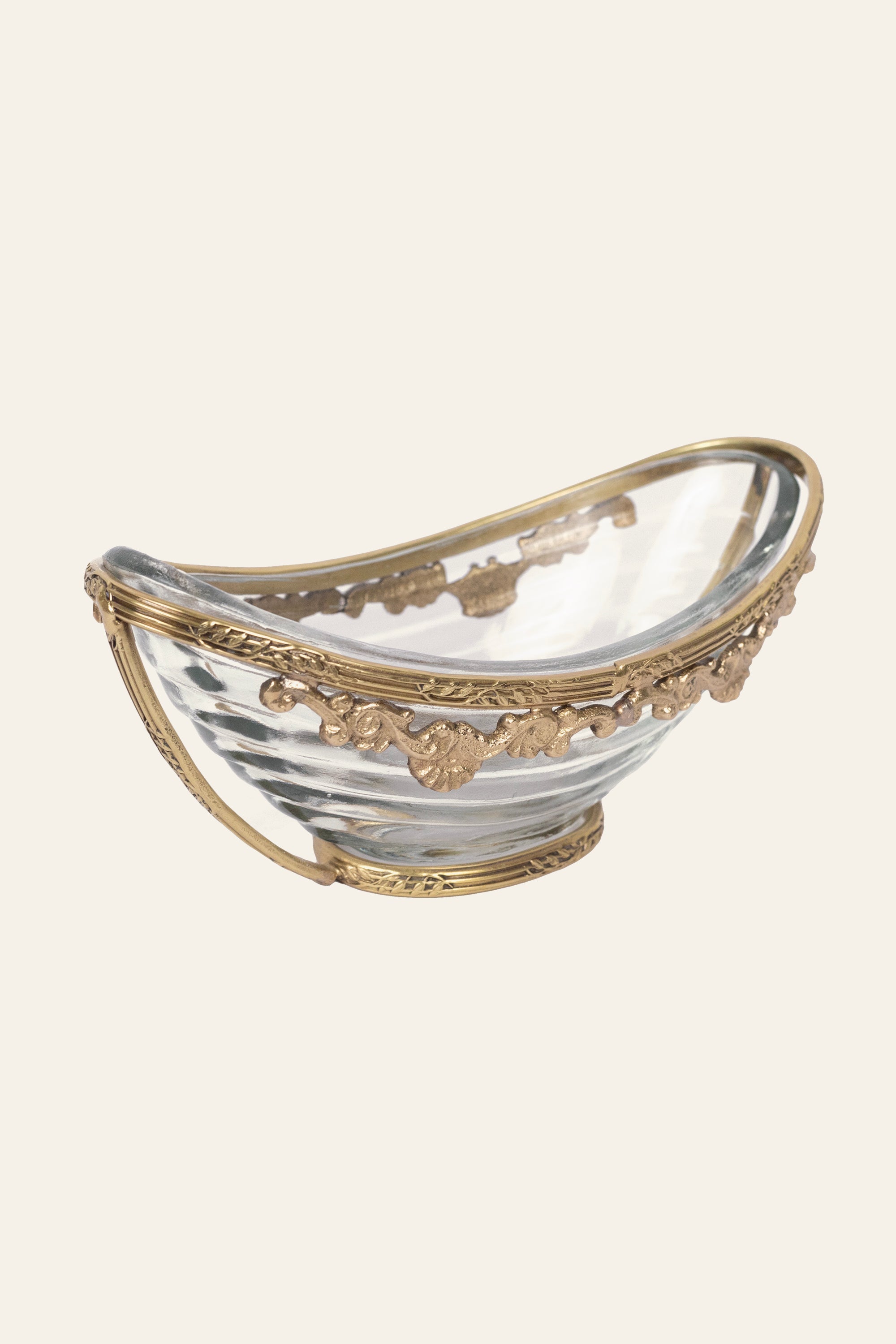 Oval Ribbed Glass Decorative Bowl with Antique Brass Finish