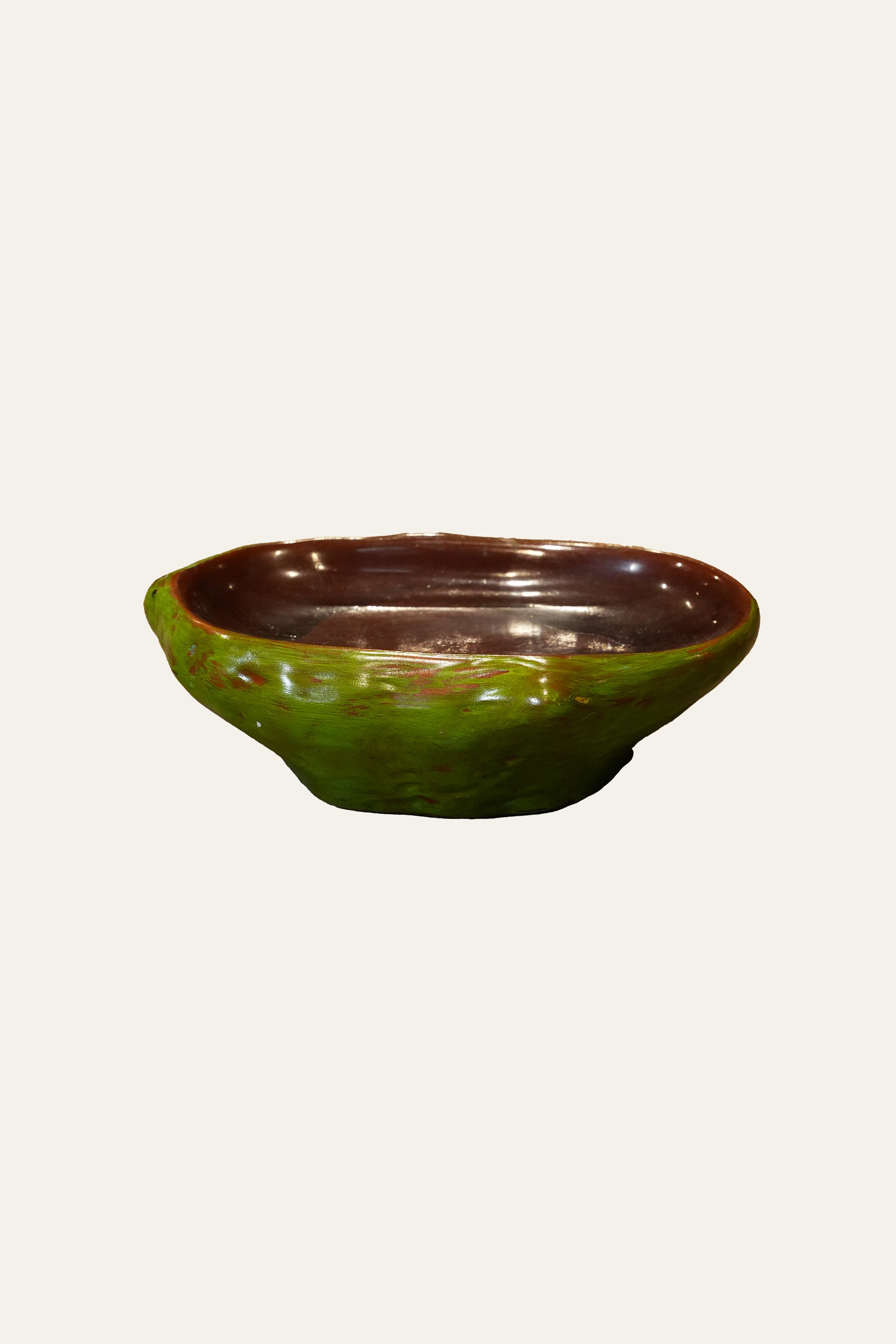Oval Green & Brown Glazed Ceramic Bowl