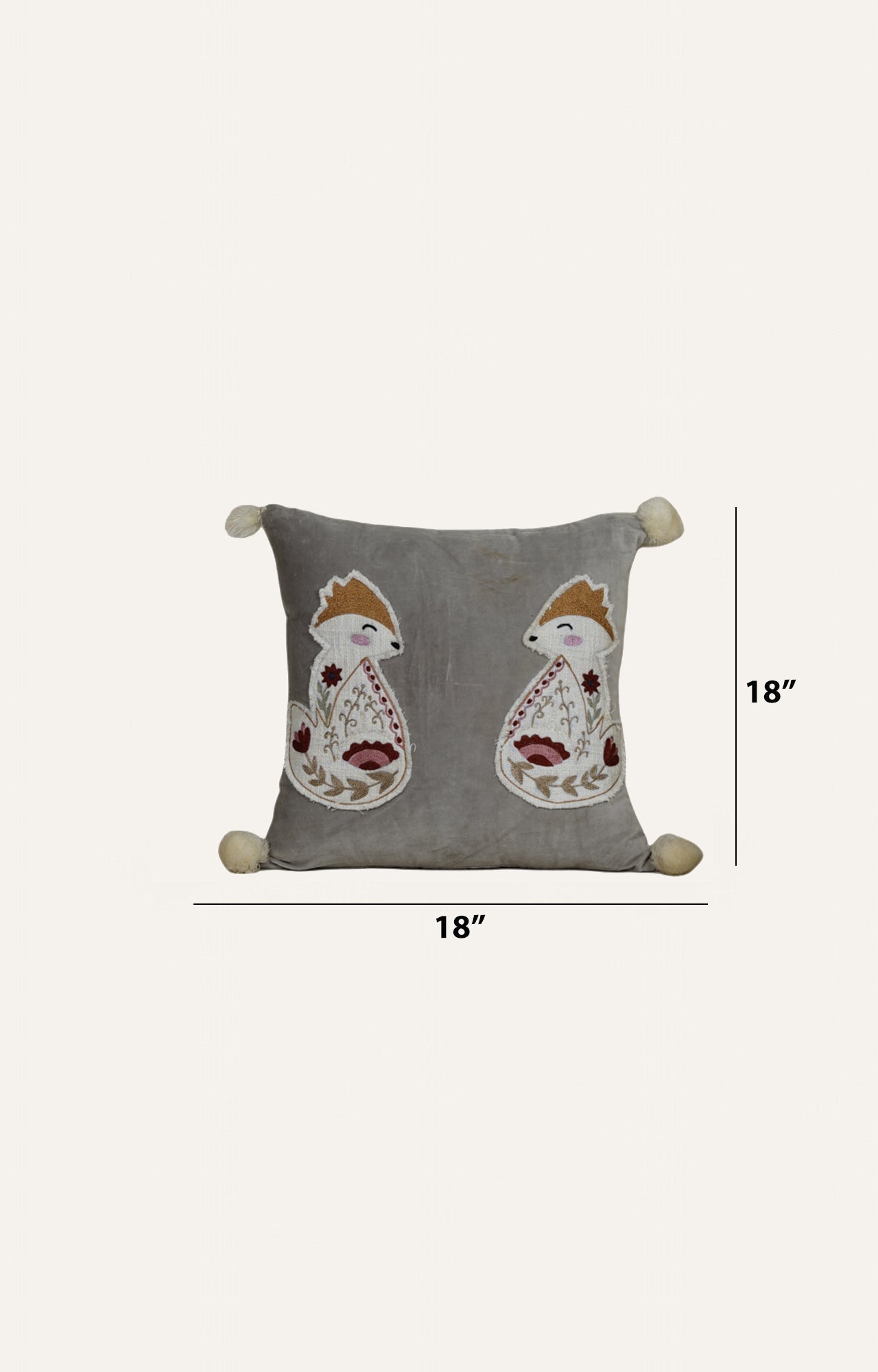 Velvet Cushion with Embroidered Fox Motif
