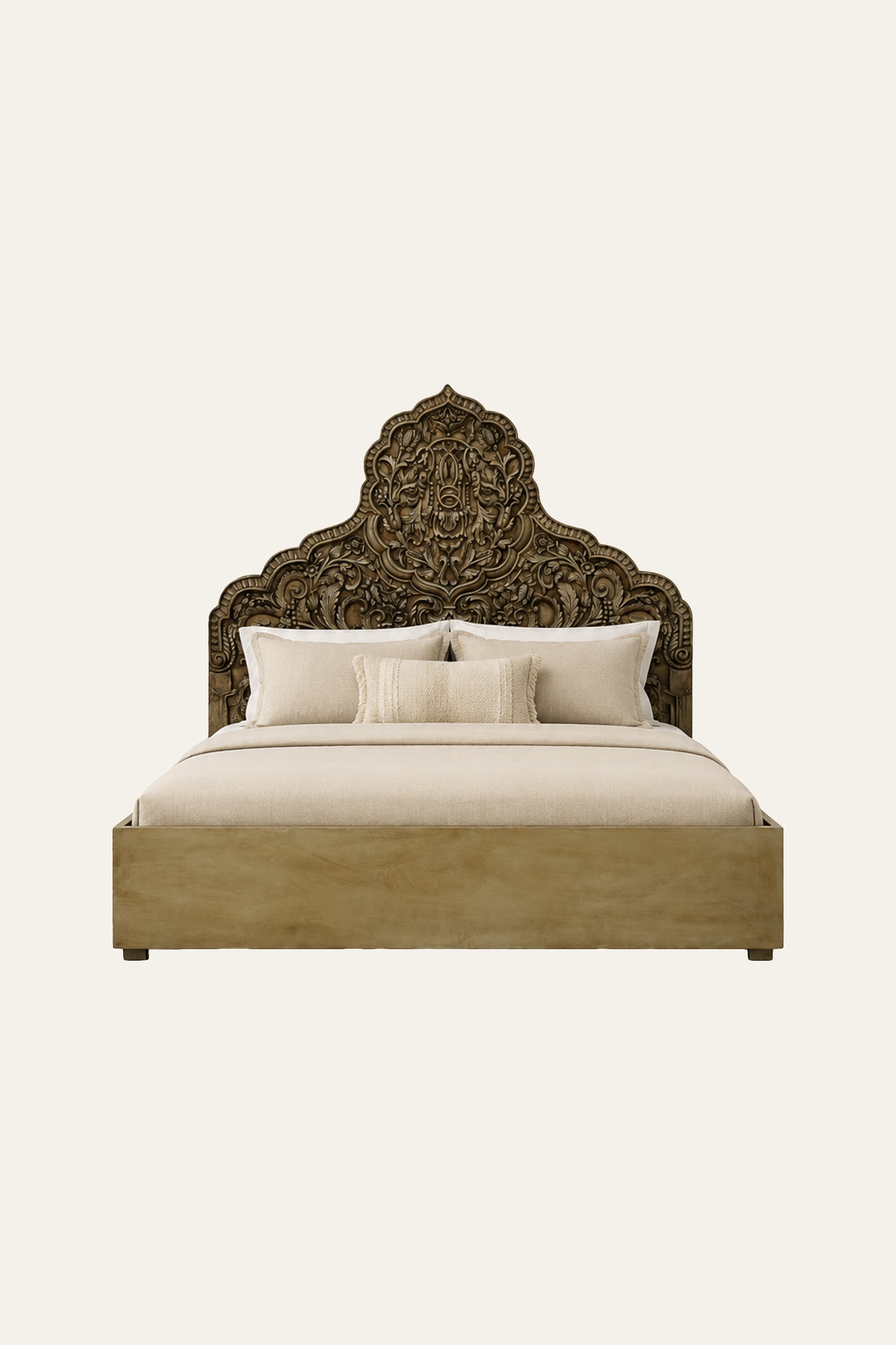 Carved Floral Motif Wooden Double Bed