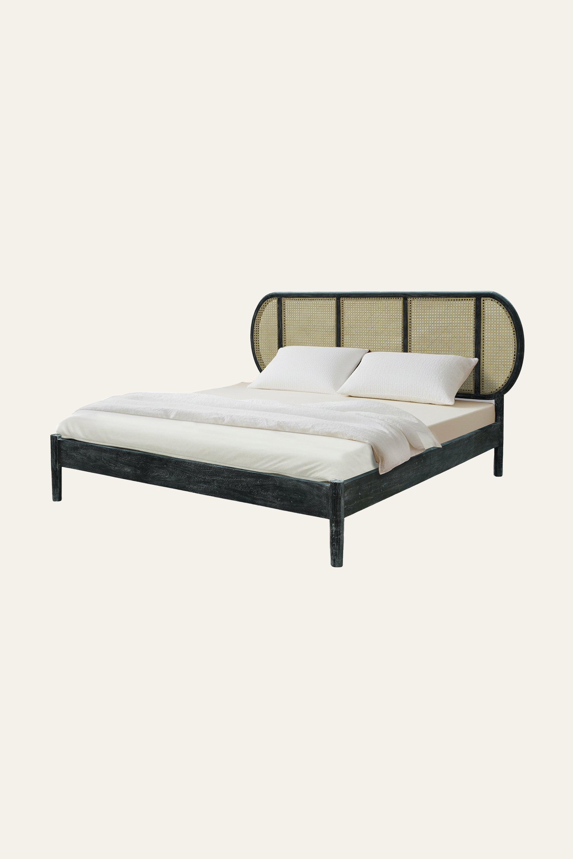 Modern Cane Panel Acacia Wood Bed in Black