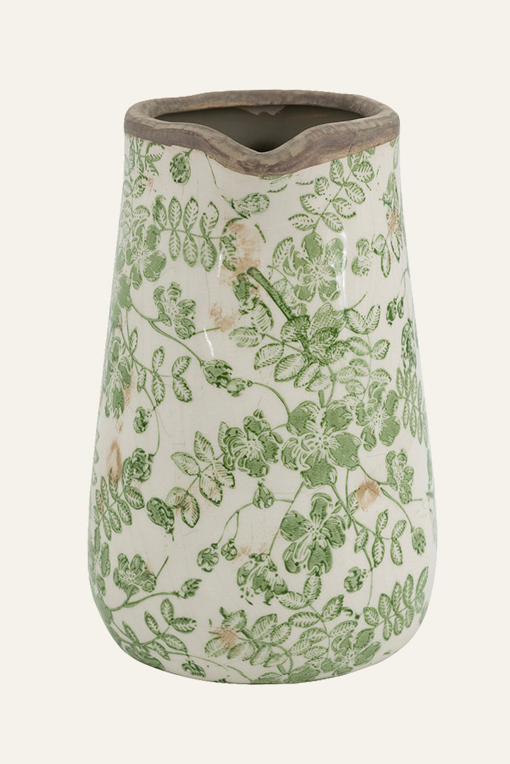 Green Floral Ceramic Pitcher – Decorative Flower Jug Vase