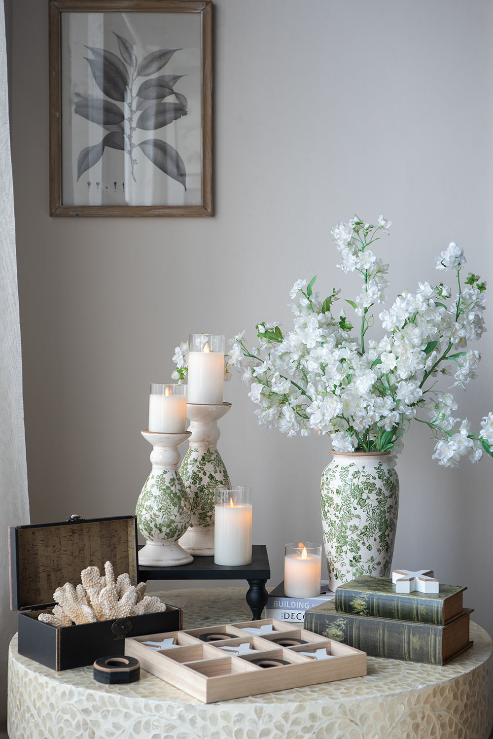 White Ceramic Botanical Pattern Candle Holder