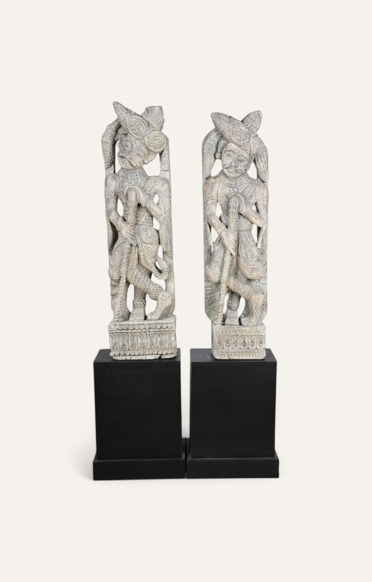 Traditional Indian Wooden Door Men Statues – Antique Dwarpal Pair