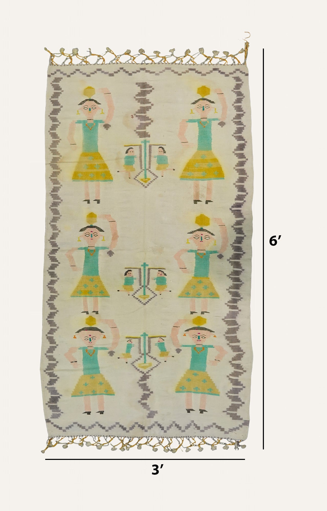 Folk Art Handwoven Cotton Rug with Tassels