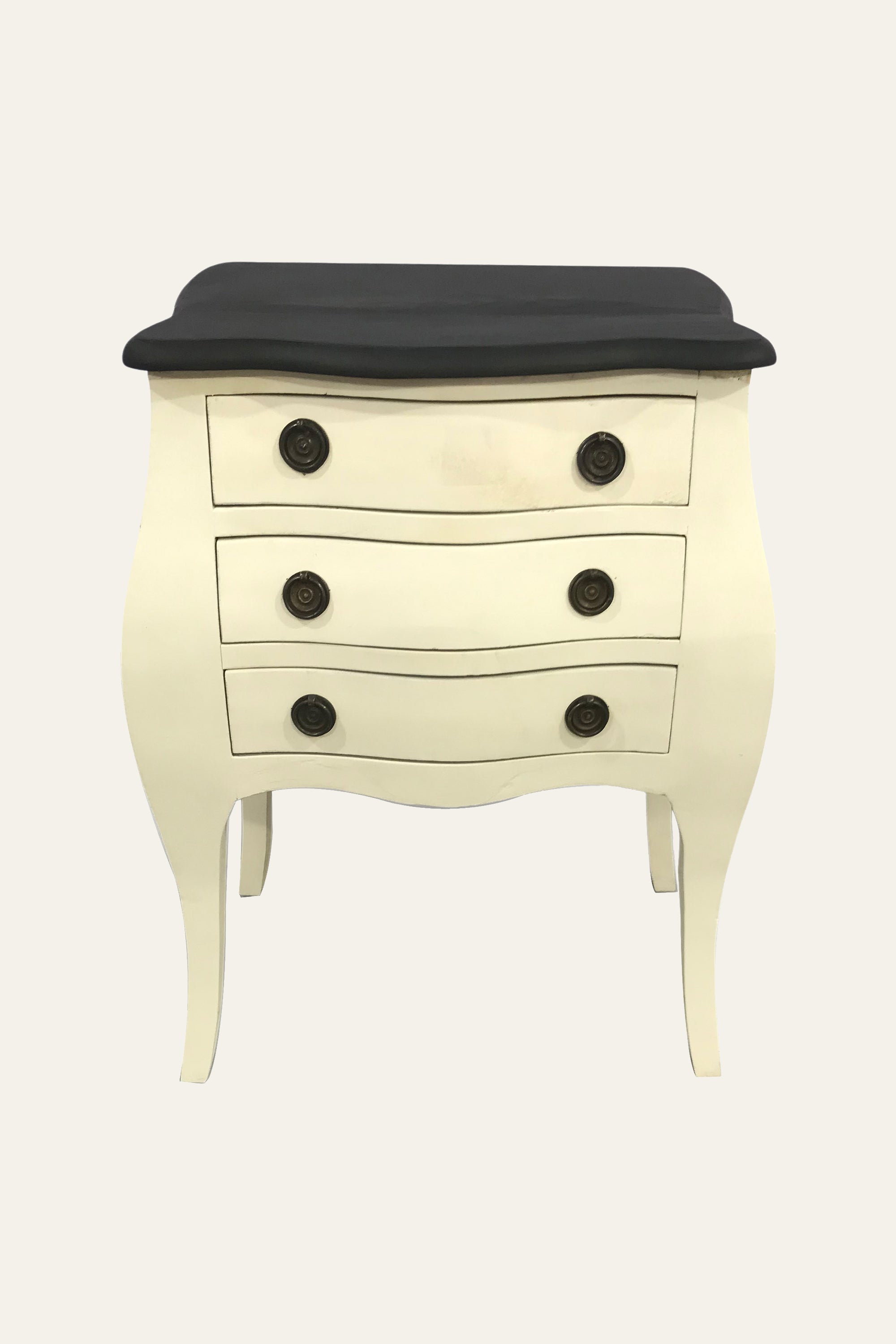 Dual Toned Bombe Style Bedside Table with Black Top