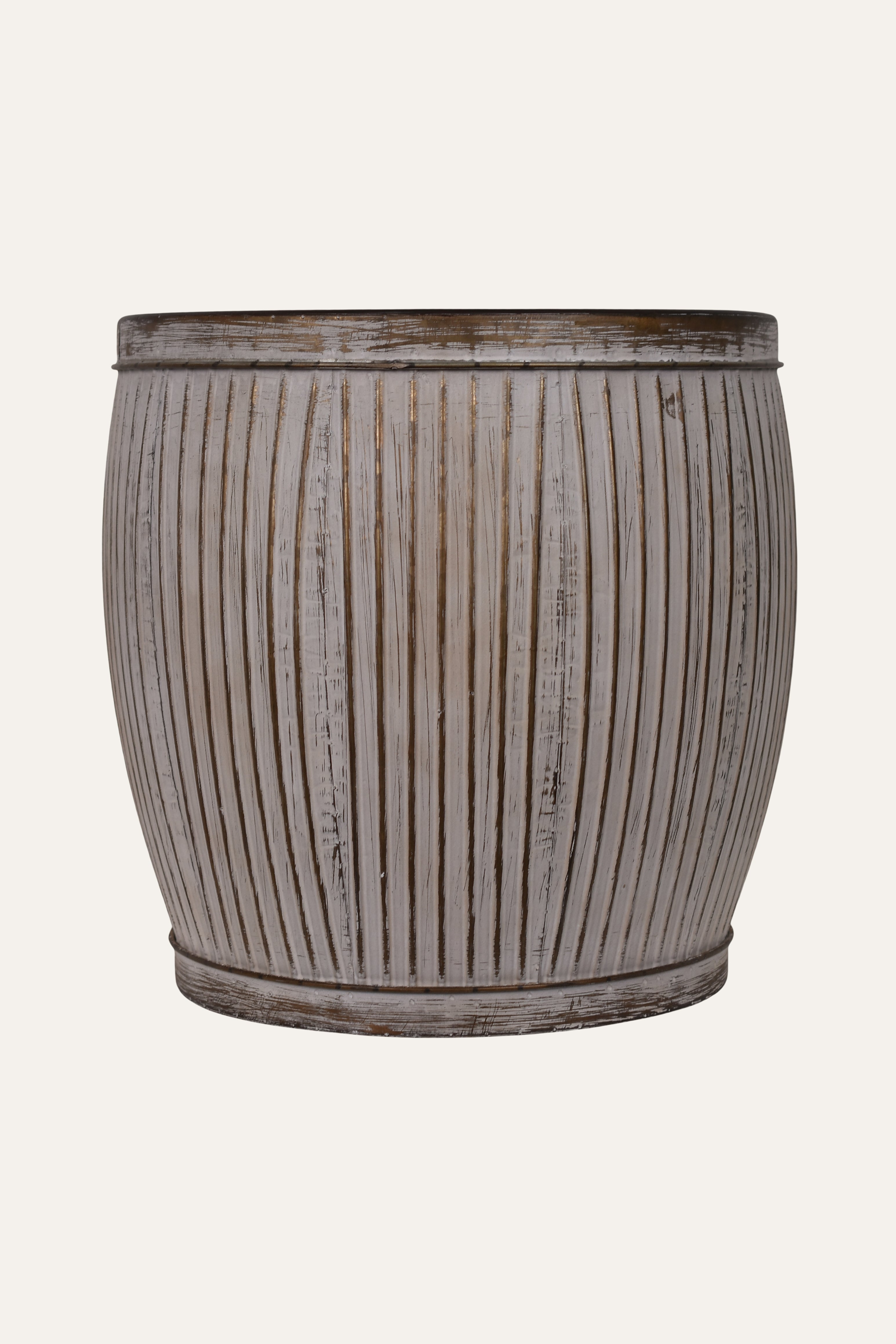 Distressed Grey Ribbed Metal Planter – Rustic Vintage Decorative Pot - Big