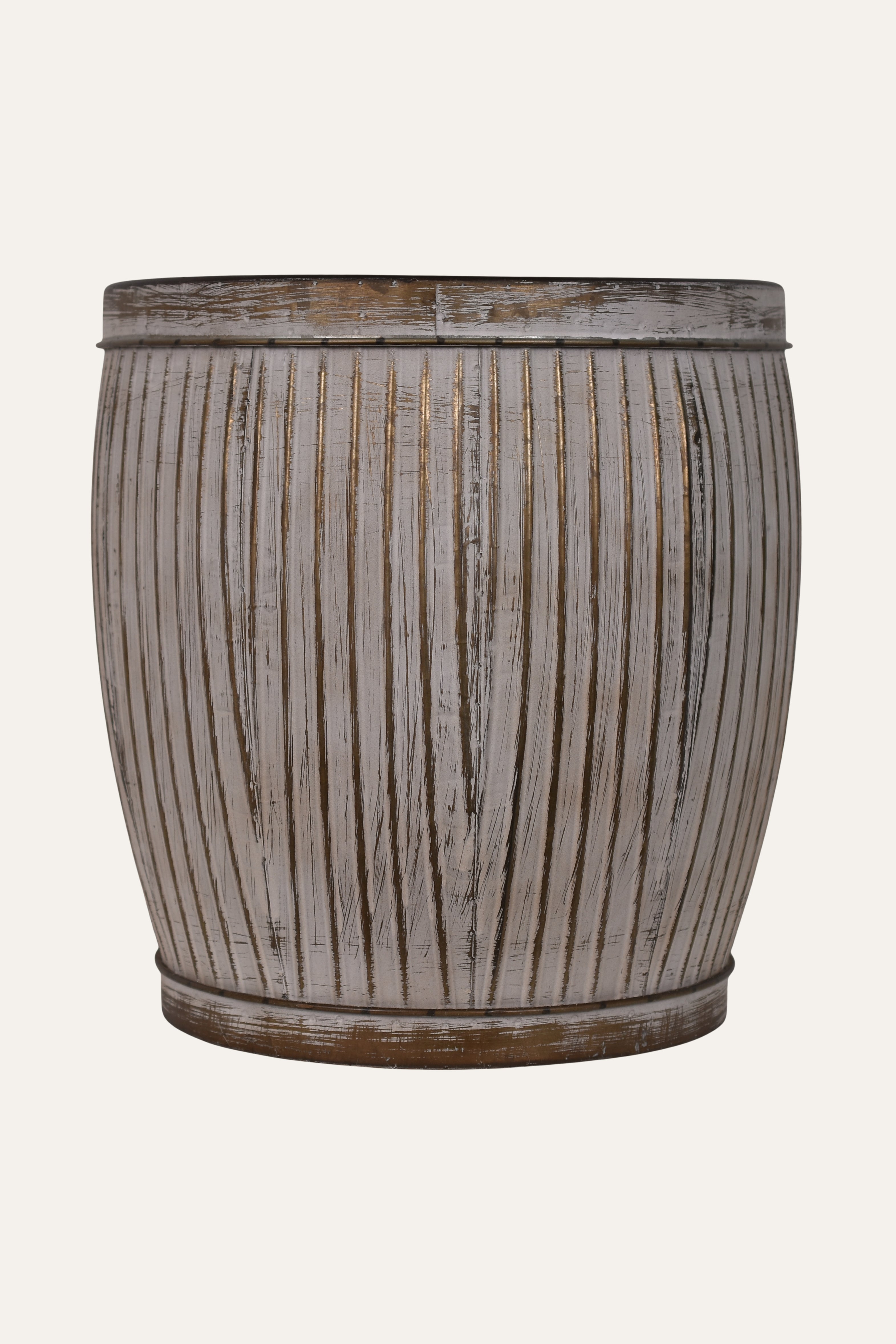 Distressed Grey Ribbed Metal Planter – Rustic Vintage Decorative Pot - Medium