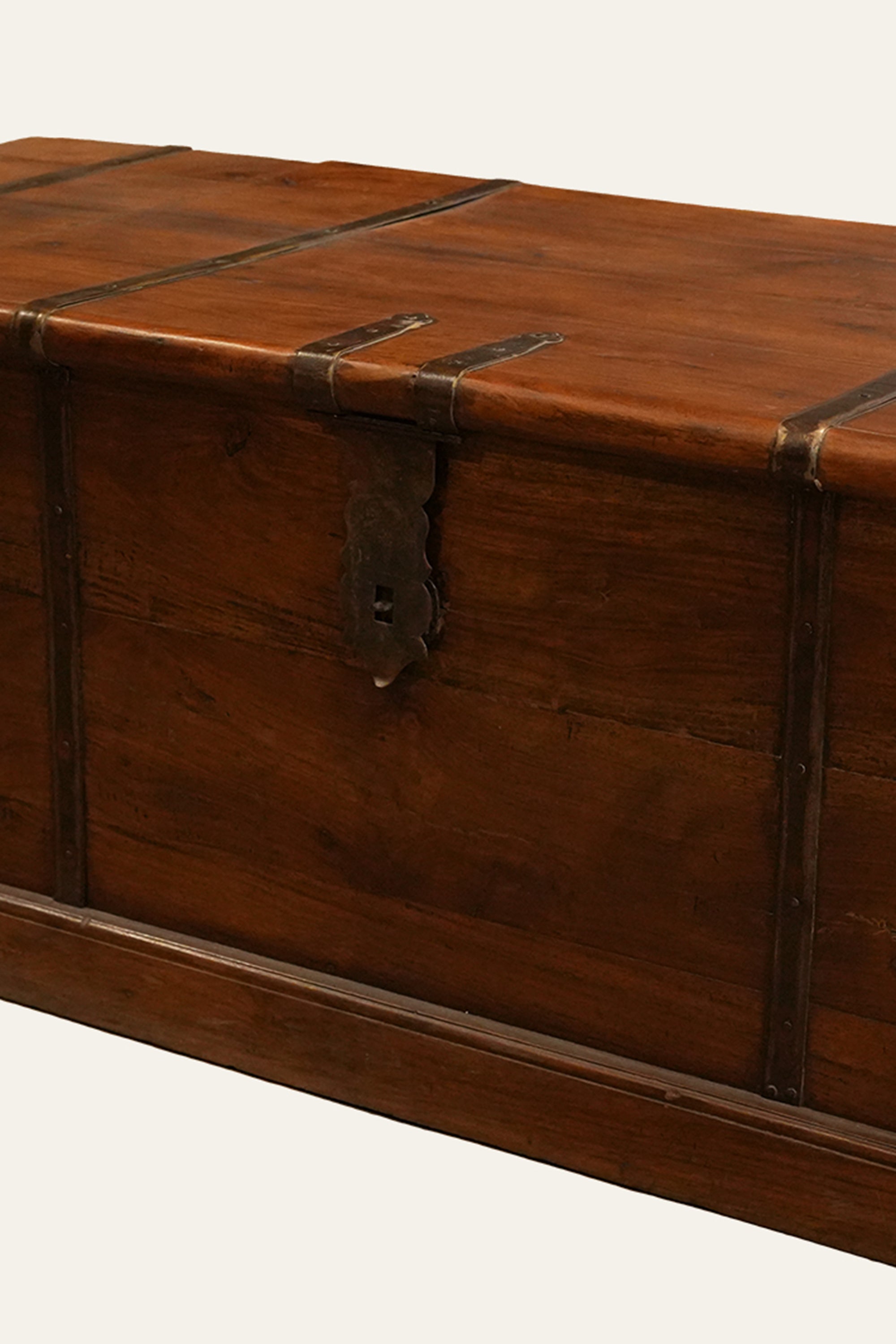 Colonial Wooden Trunk with Metal Strap Details