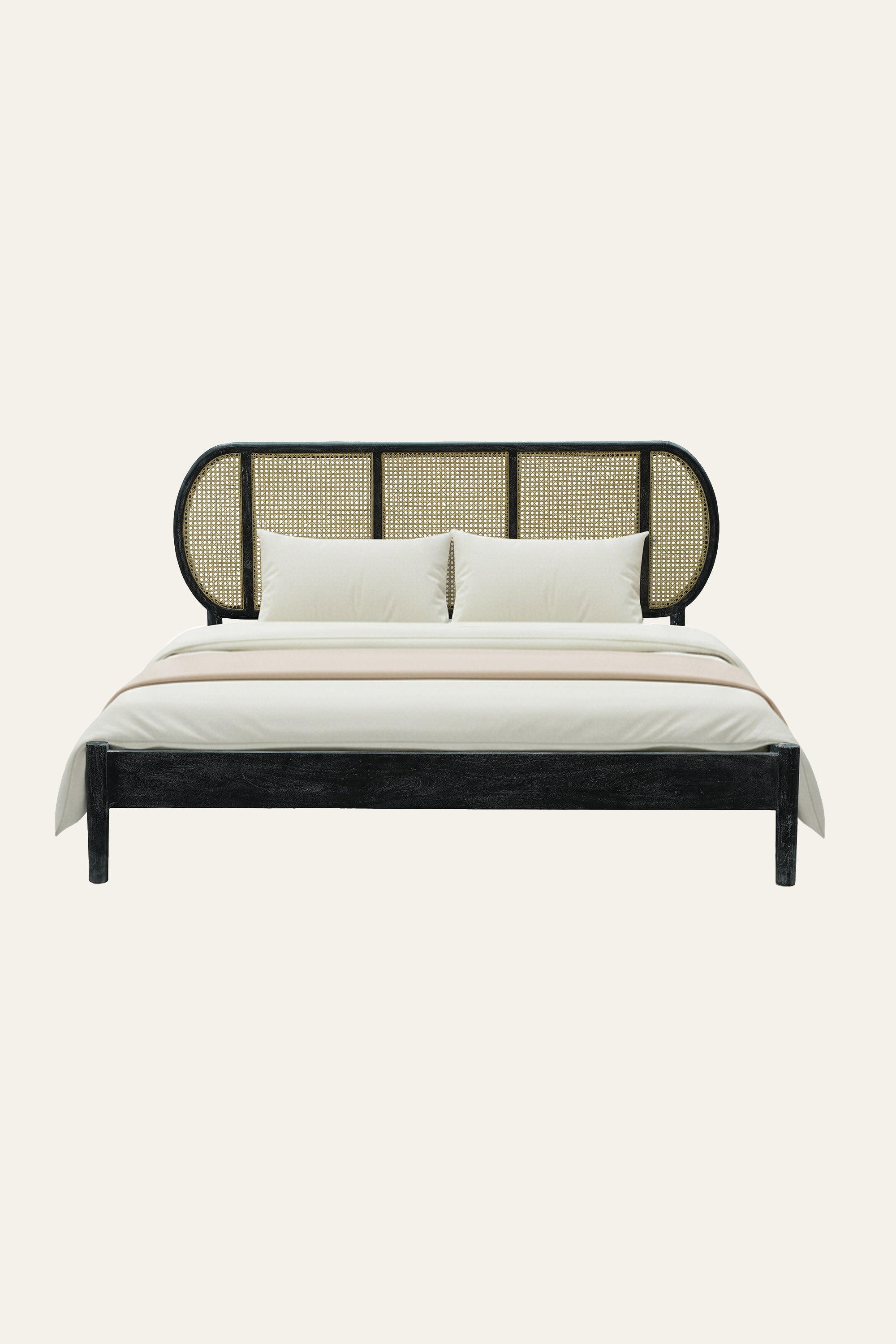 Modern Cane Panel Acacia Wood Bed in Black
