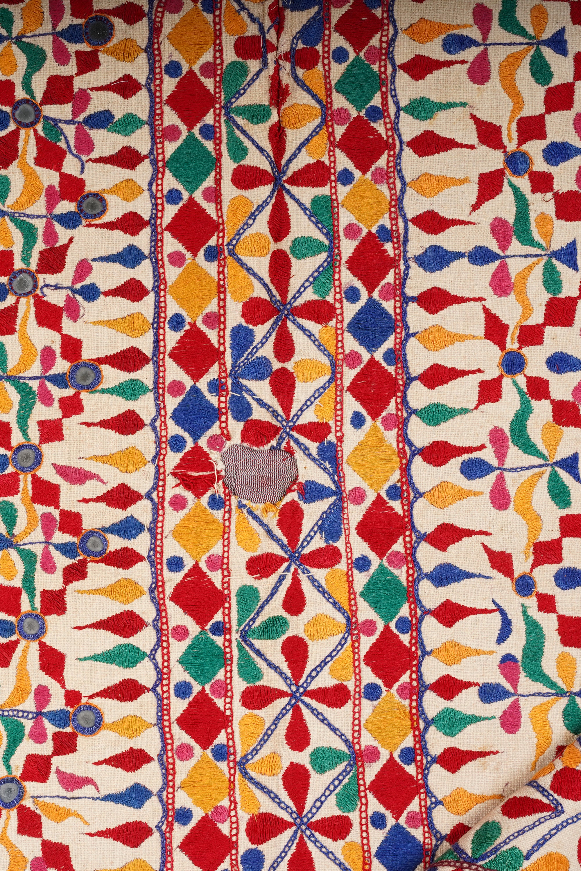 Gujrati Antique Textile Wall Hanging | Tribal Mirror Art Tapestry