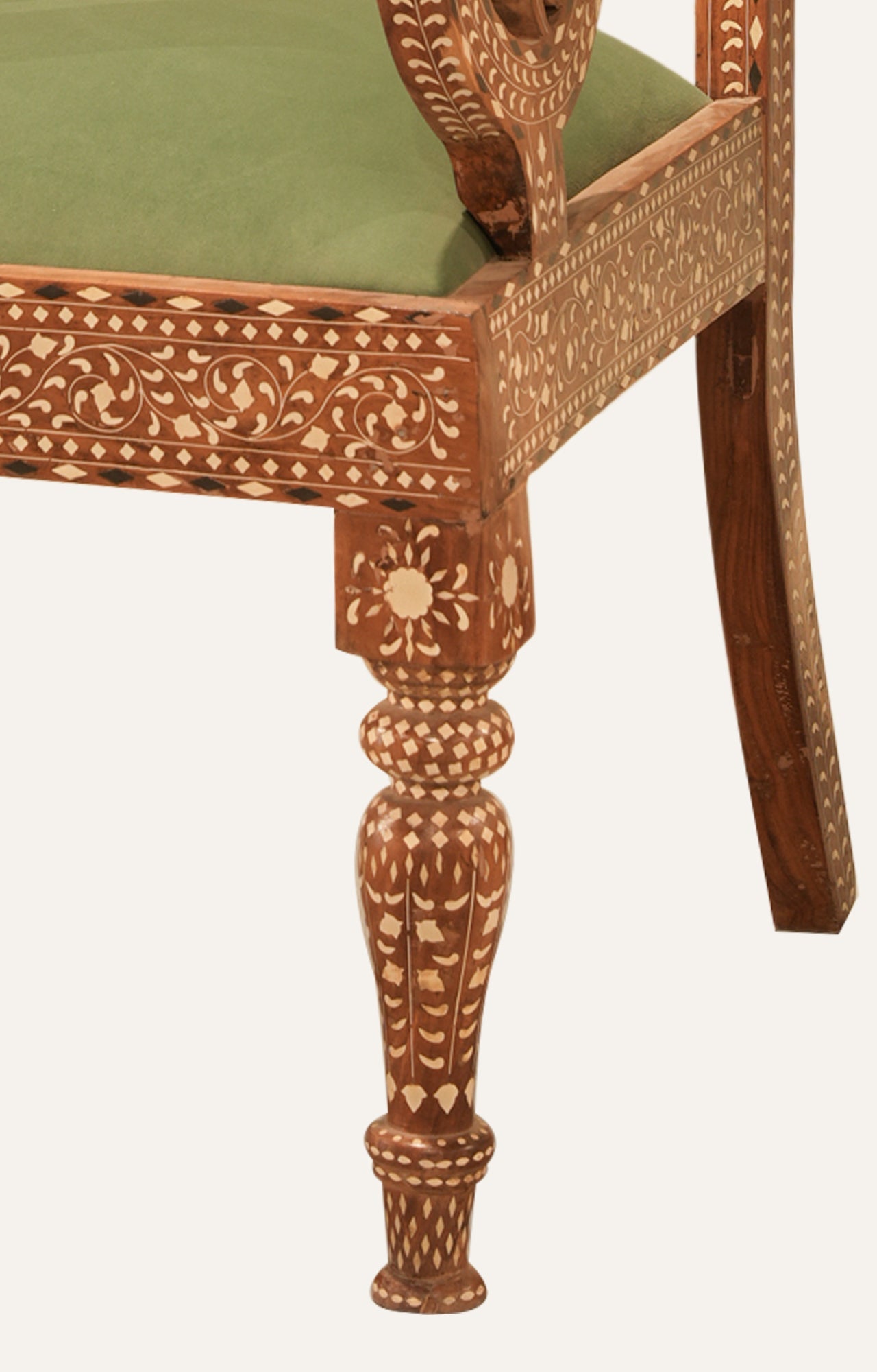 Handcrafted Inlay Wooden Armchair with Green Seat