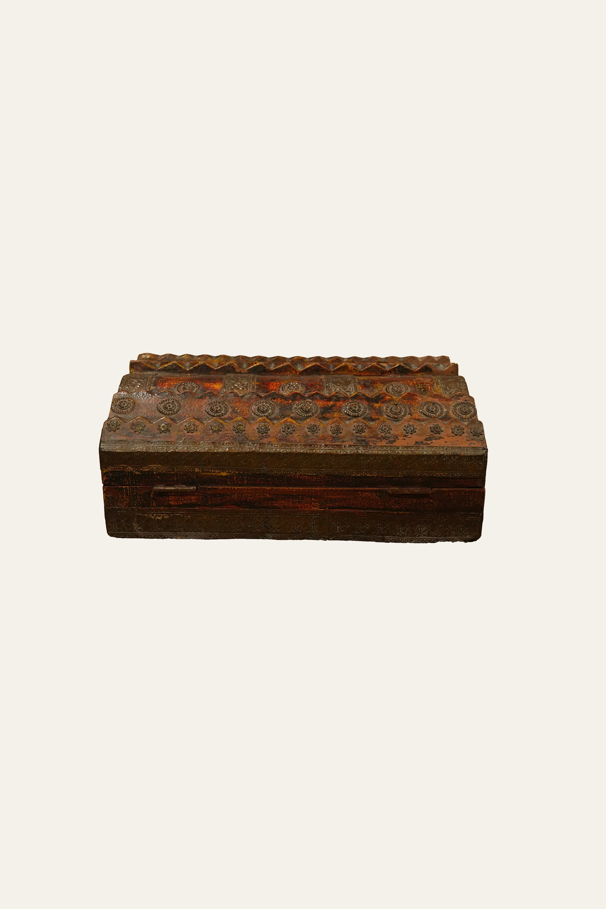 Vintage Style Wooden Storage Box with Embossed Metal Rosettes