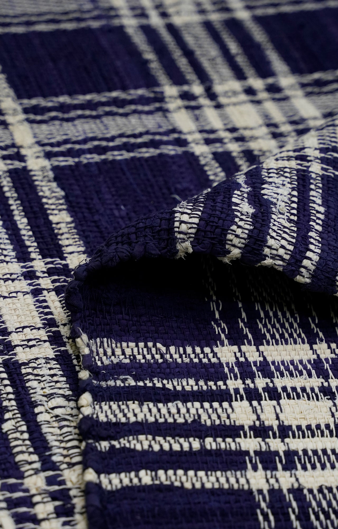 Navy Blue Checks Cotton Rug with Tassels