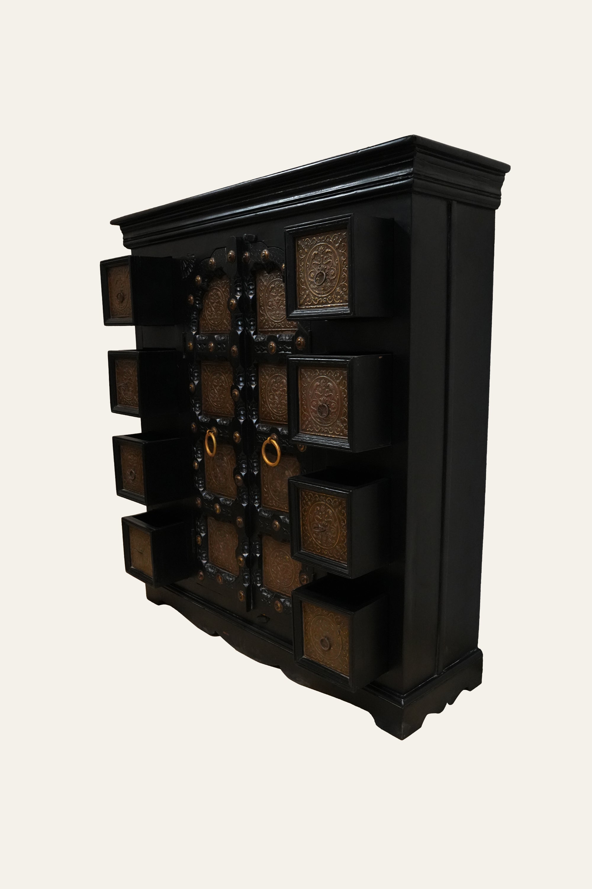 Rajasthani Style Wooden Cabinet with Embossed Metal Panels