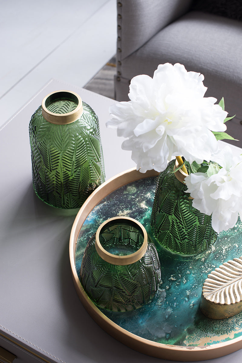 Modern Green Textured Glass Vase with Brass Rim