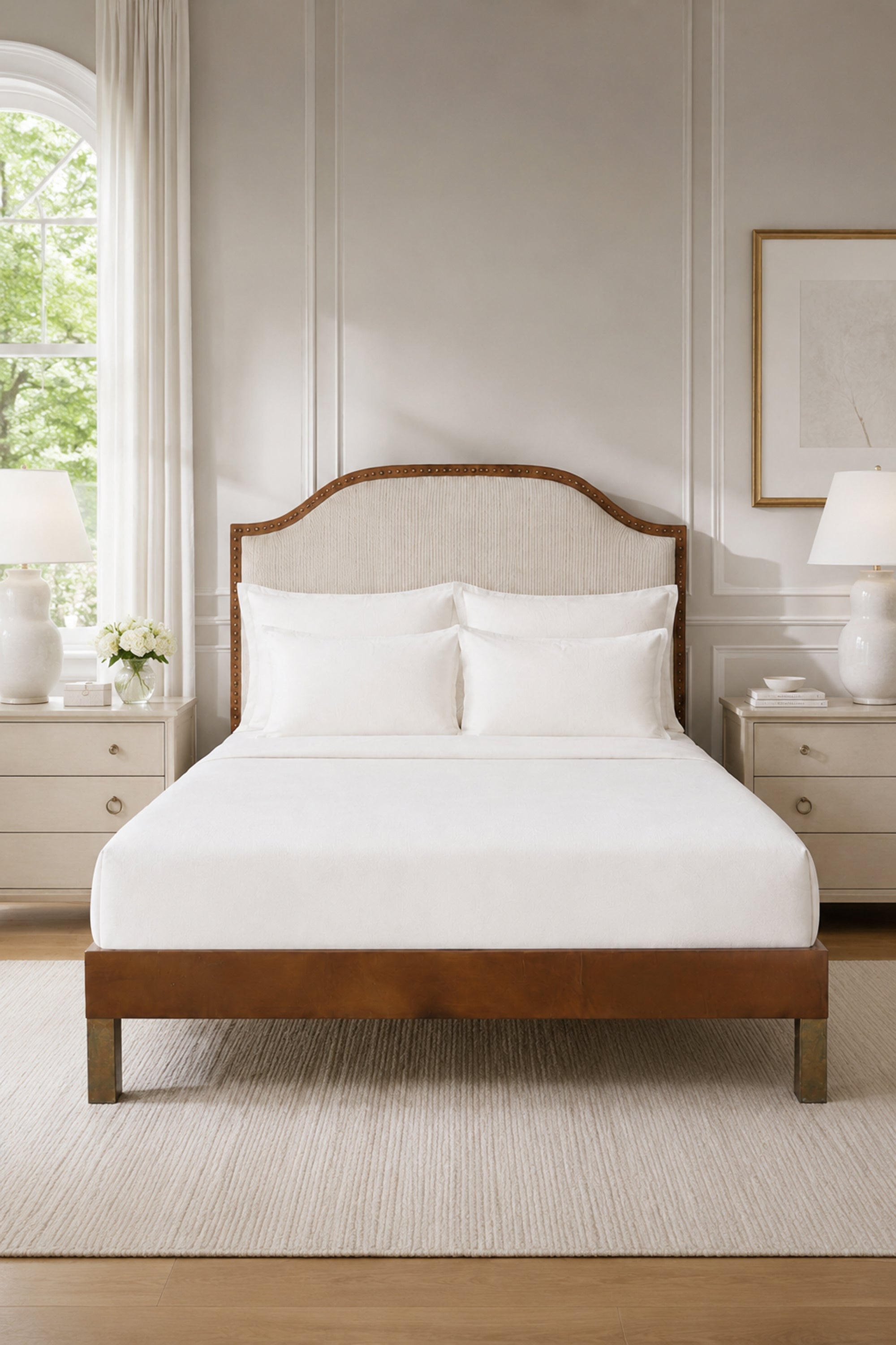 Arched Upholstered Bed with Brass Nailhead Trim