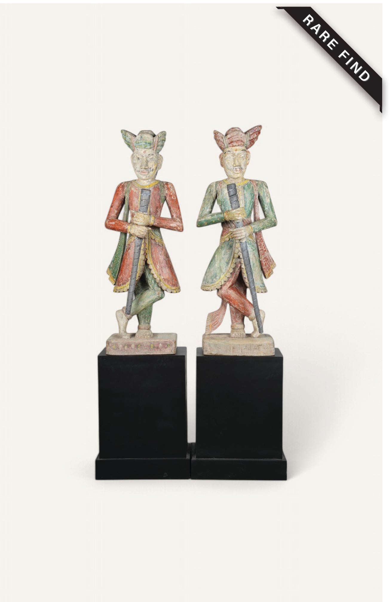 Pair of Traditional Wooden Dwarpal Statues