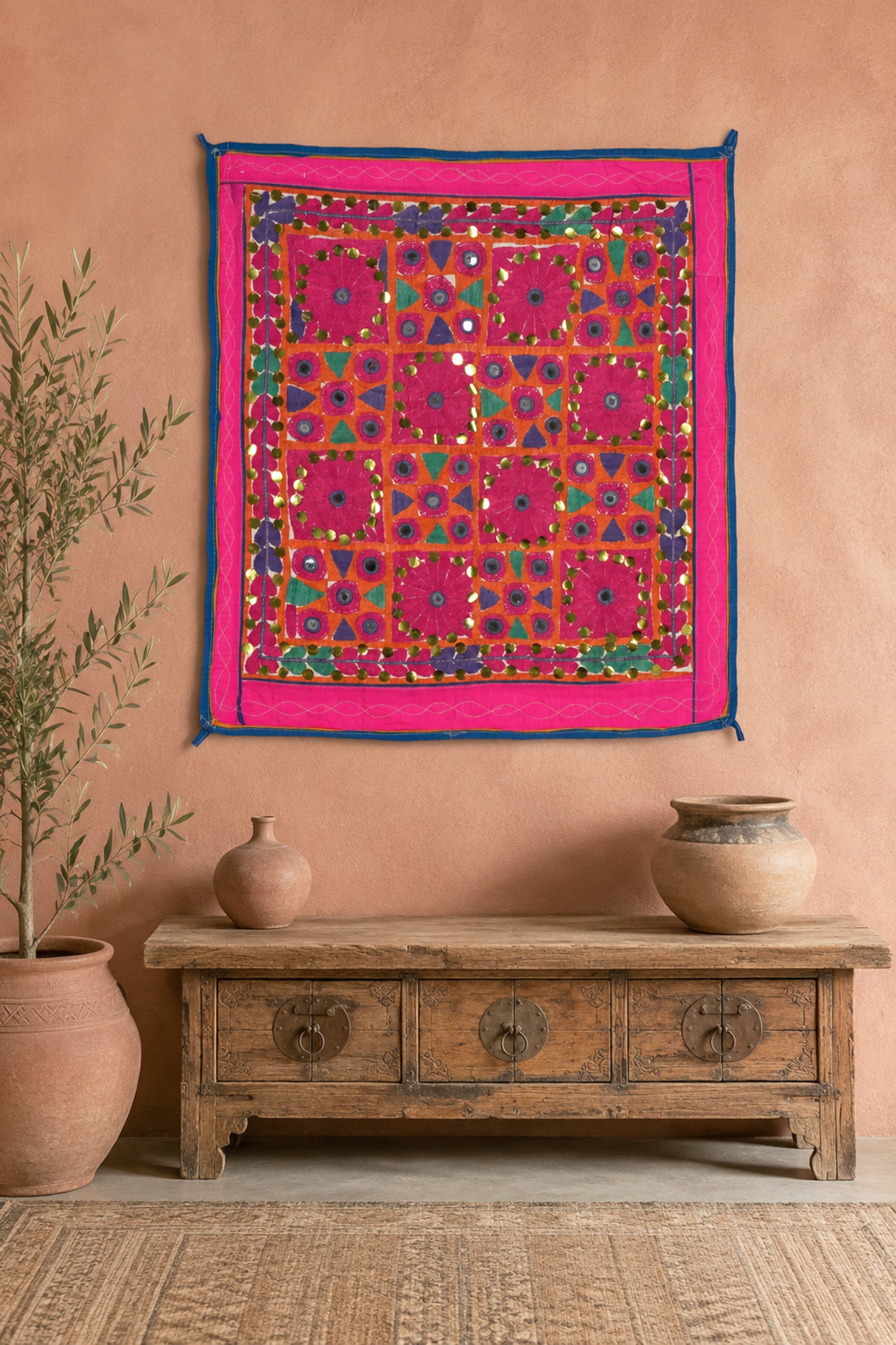 Magenta Mirror Work Gujarati Textile Wall Tapestry