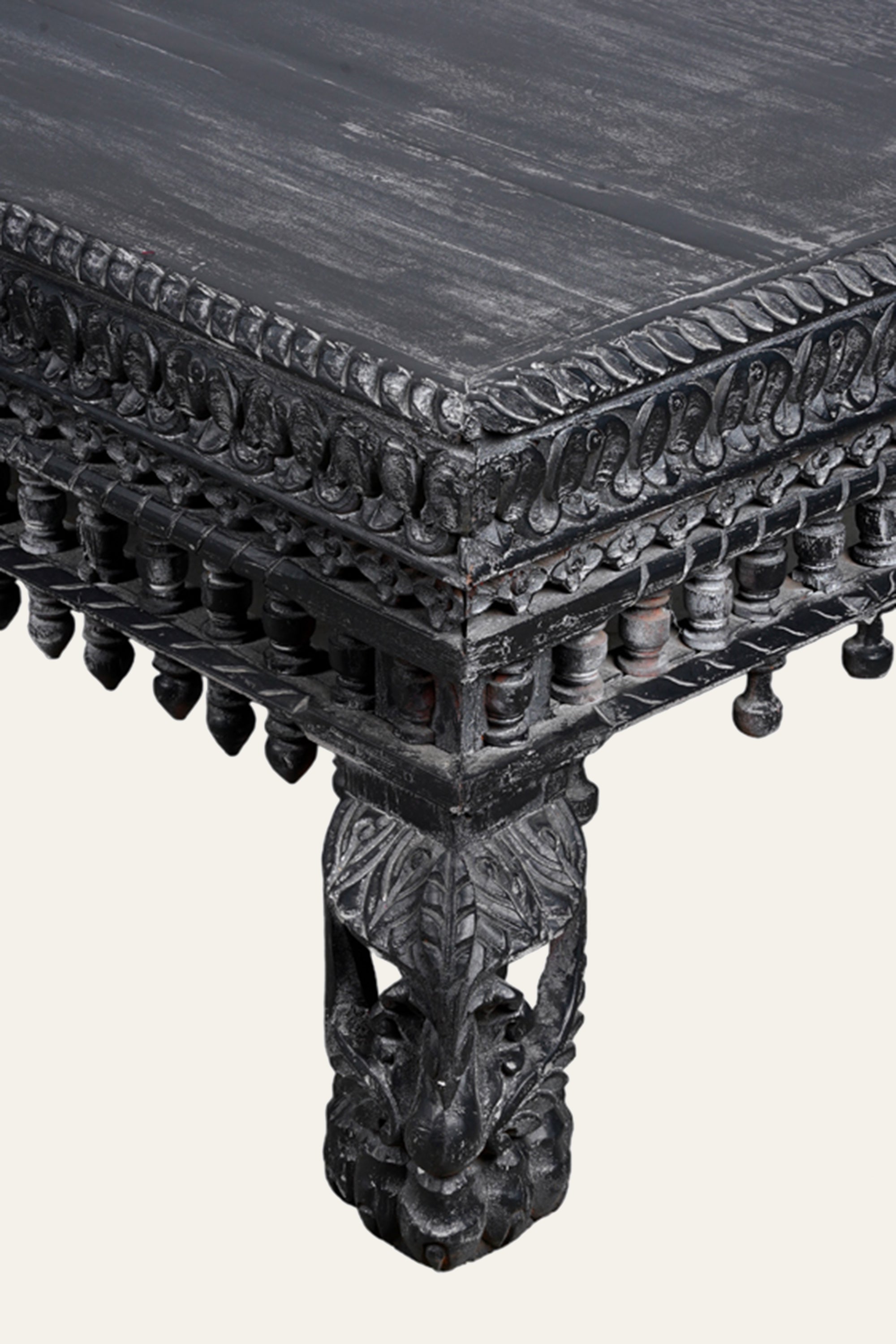 Black Wooden Rectangular Coffee Table with Carved Legs