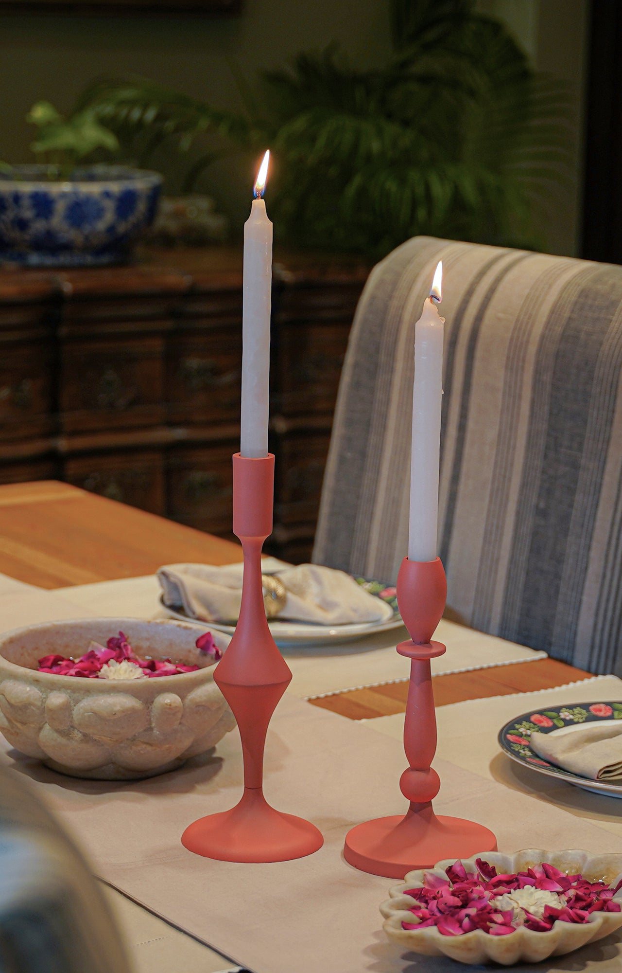 Antique Northwood Coral Red Candlestand_lifestyle