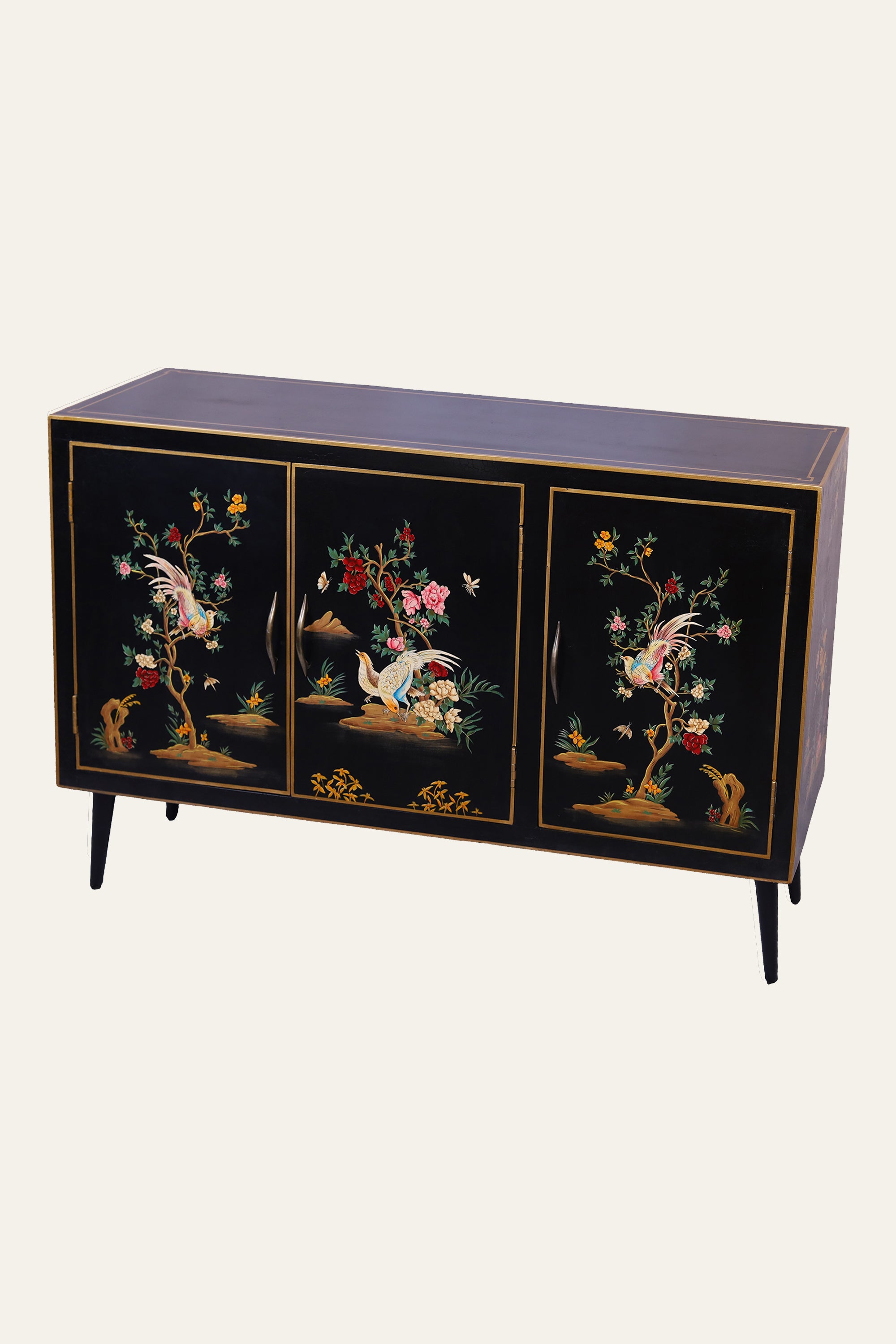 Black Chinoiserie Style Botanical & Bird Motif Cabinet