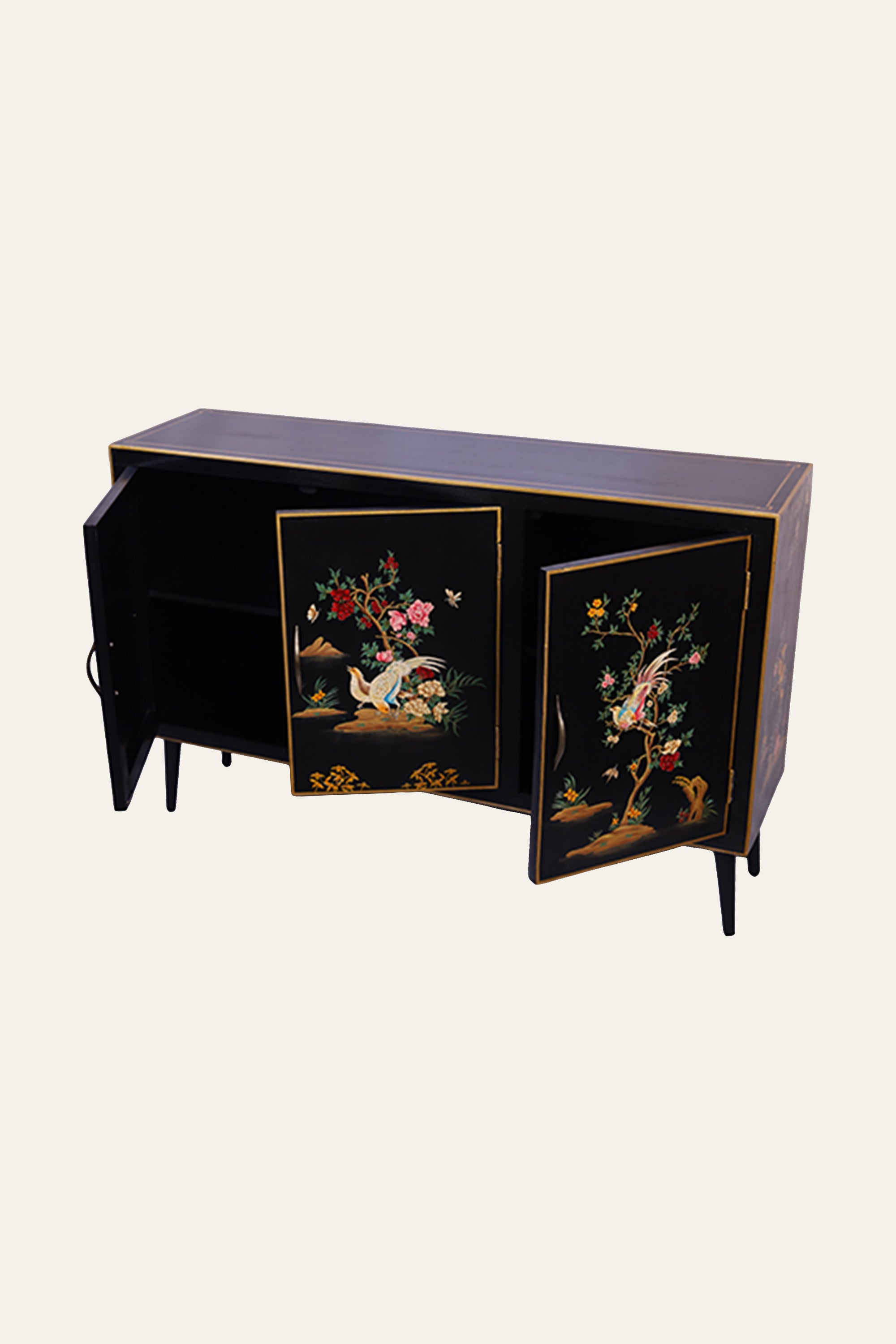 Black Chinoiserie Style Botanical & Bird Motif Cabinet