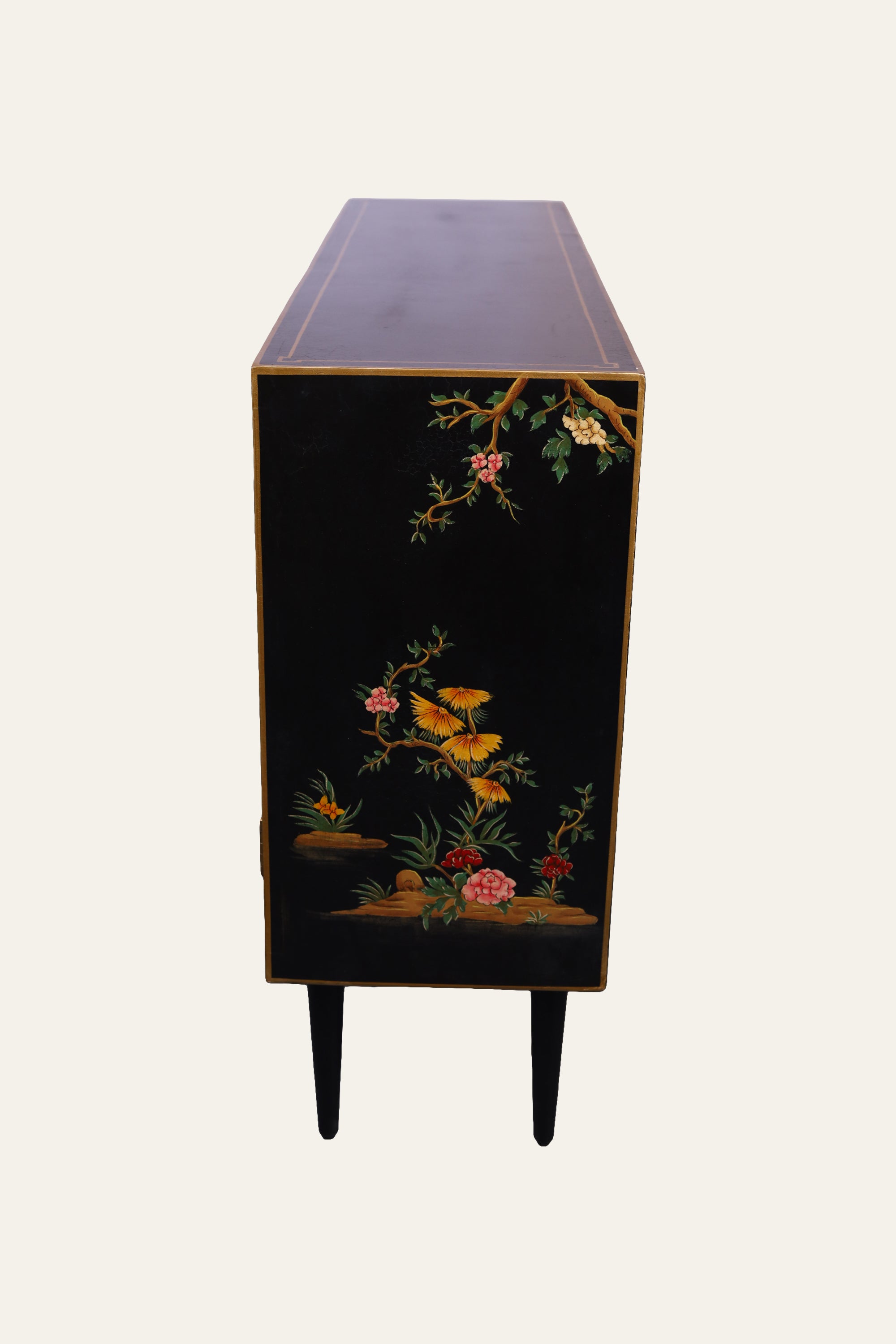 Black Chinoiserie Style Botanical & Bird Motif Cabinet