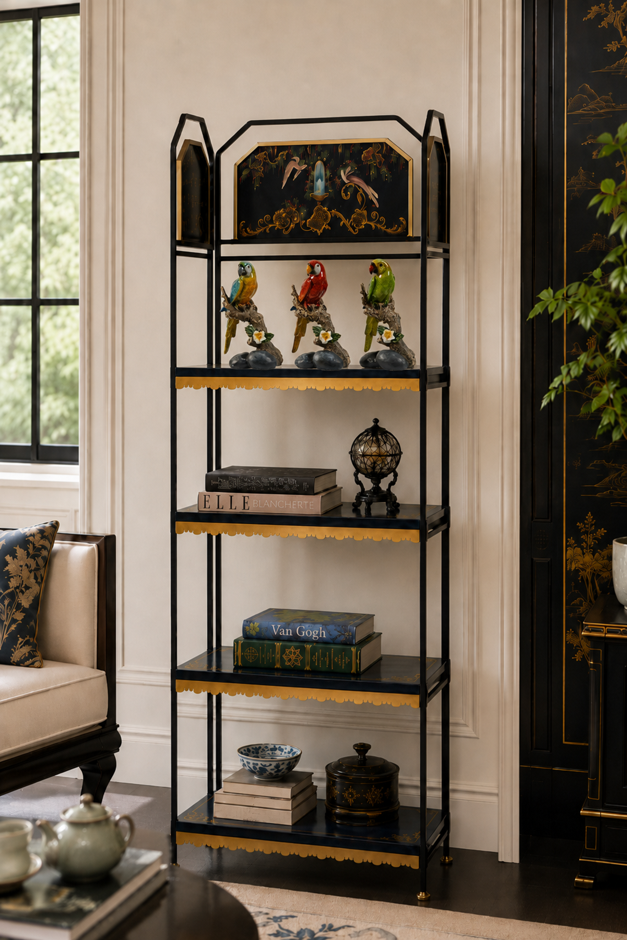 Black Metal Four-Tier Display Shelf with Hand-Painted Panels