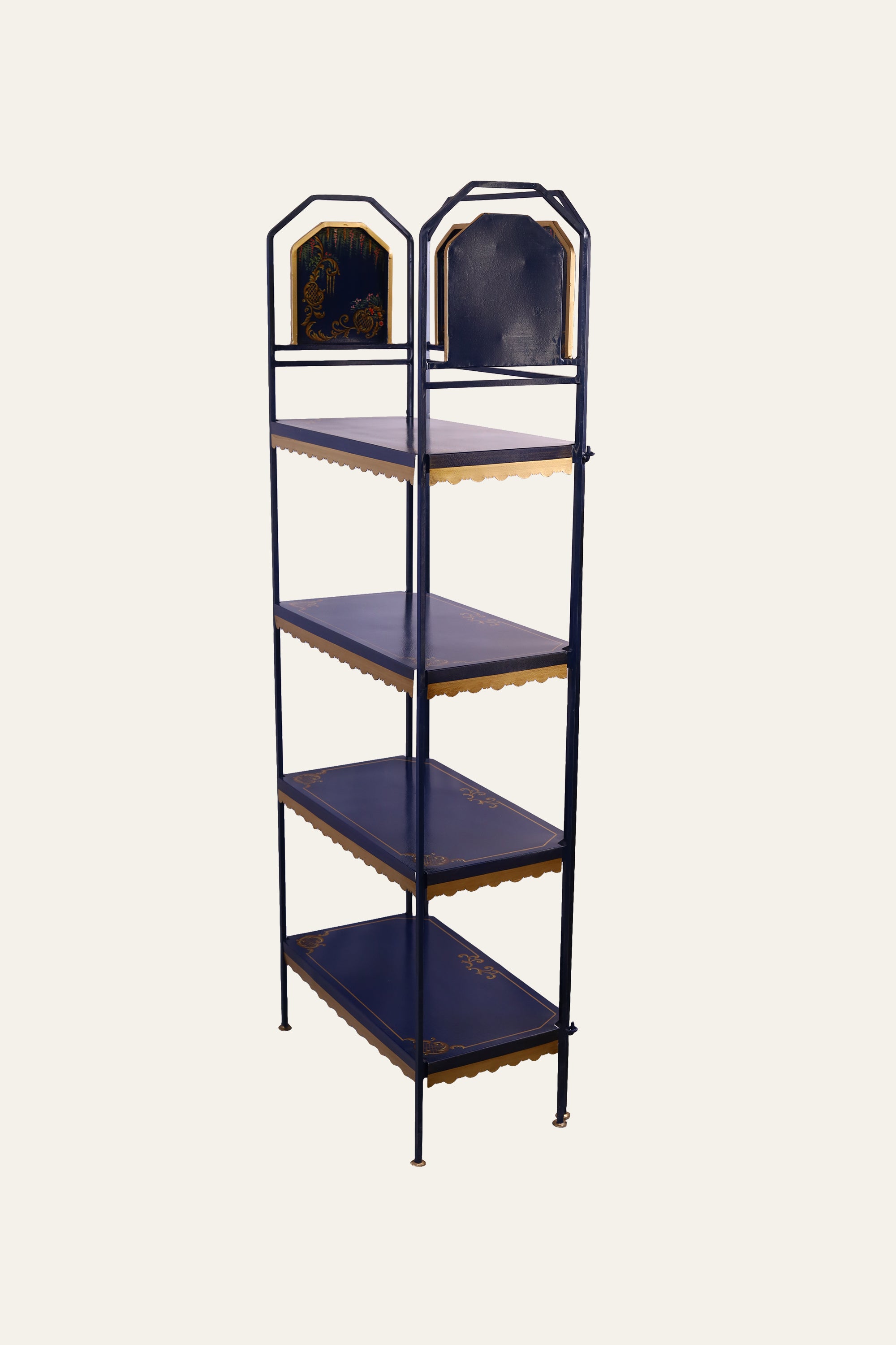 Black Metal Four-Tier Display Shelf with Hand-Painted Panels