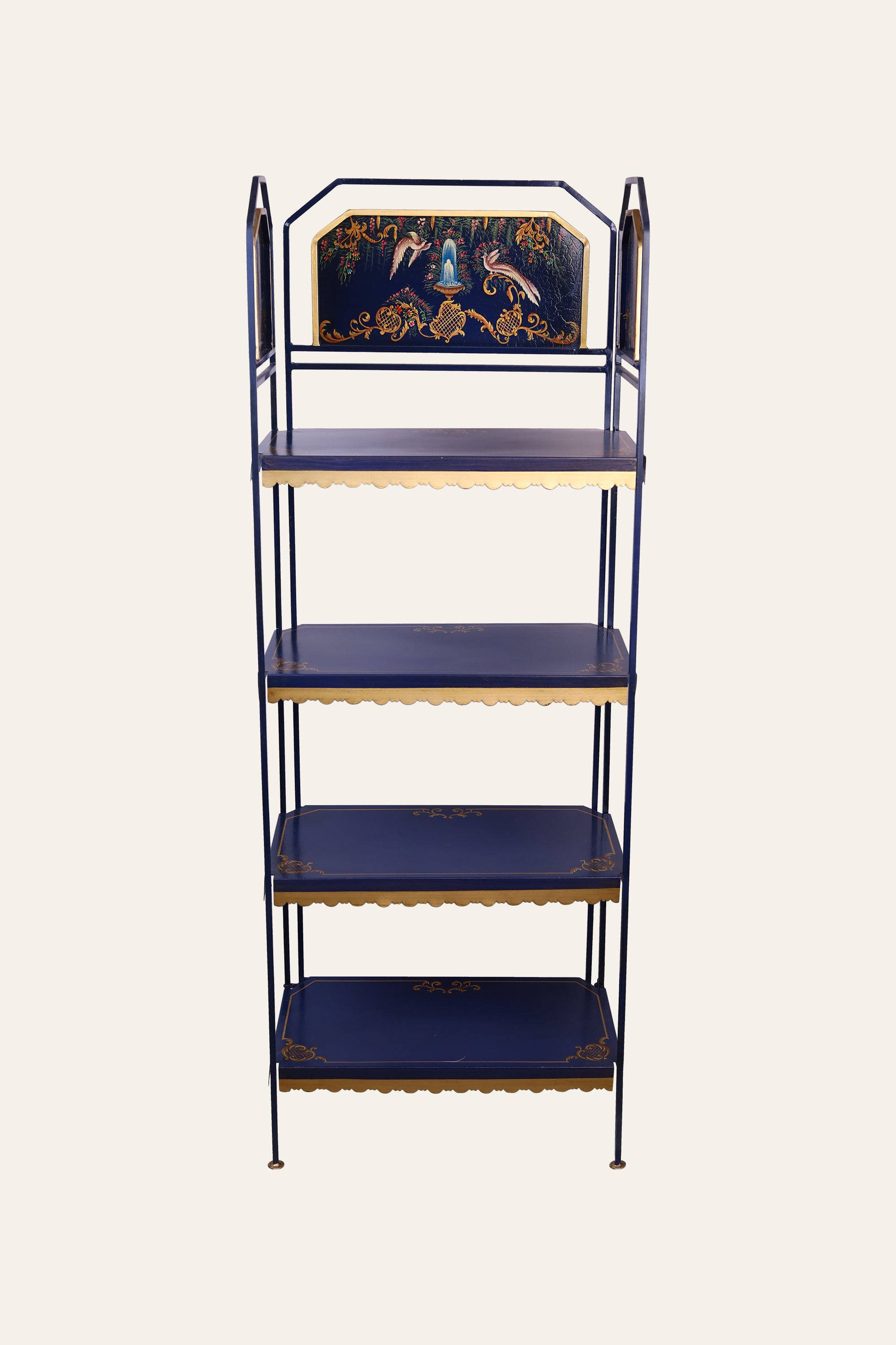 Black Metal Four-Tier Display Shelf with Hand-Painted Panels