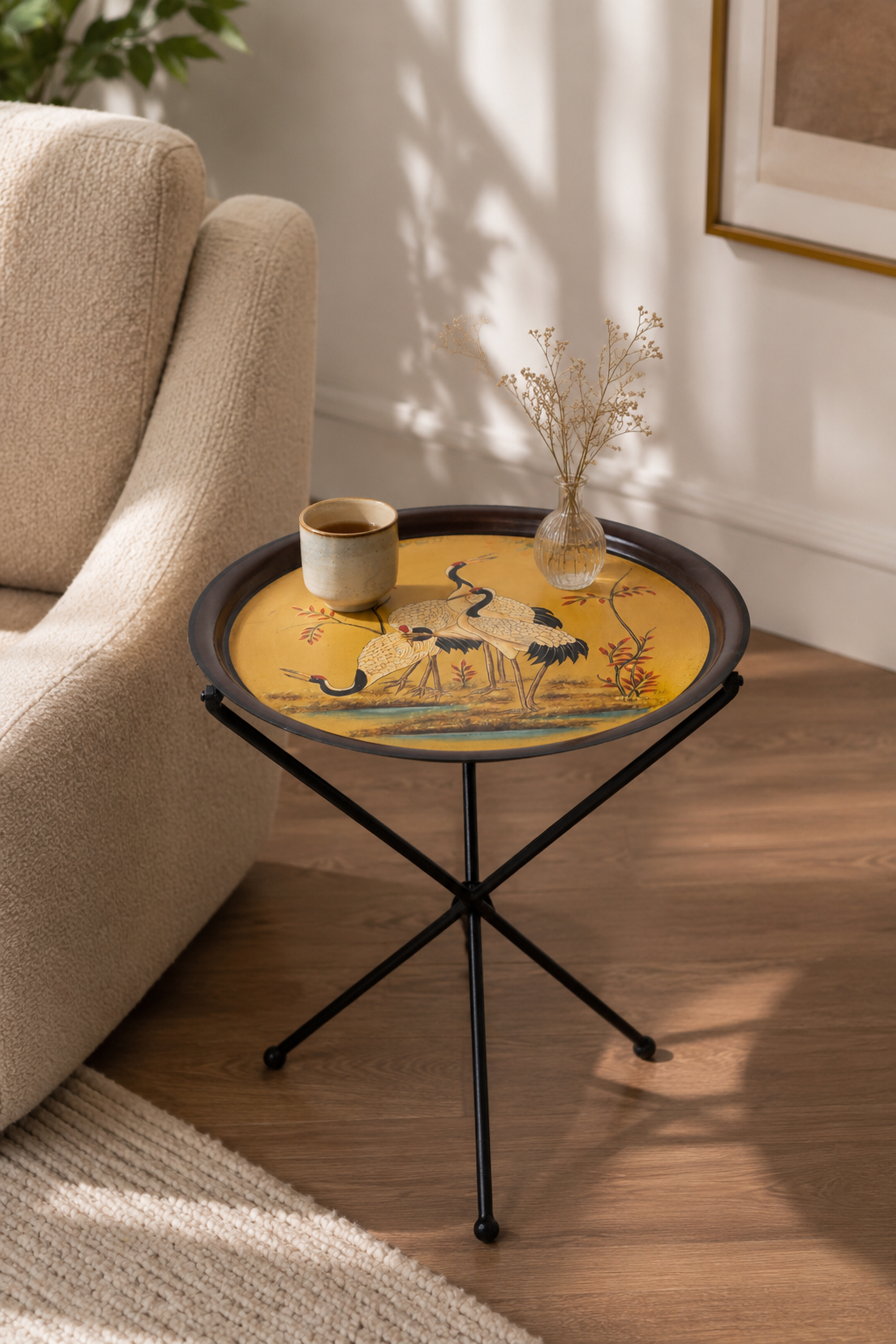 Round Metal Swan Motif Side Table with Folding Black Base
